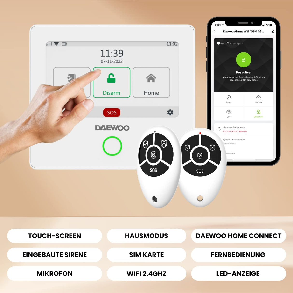 Daewoo - Kit de Alarma AM301, Central de Pantalla táctil, Detector de Movimiento Apto para Animales, contactores de Puerta y mandos a Distancia, Control Remoto Seguro