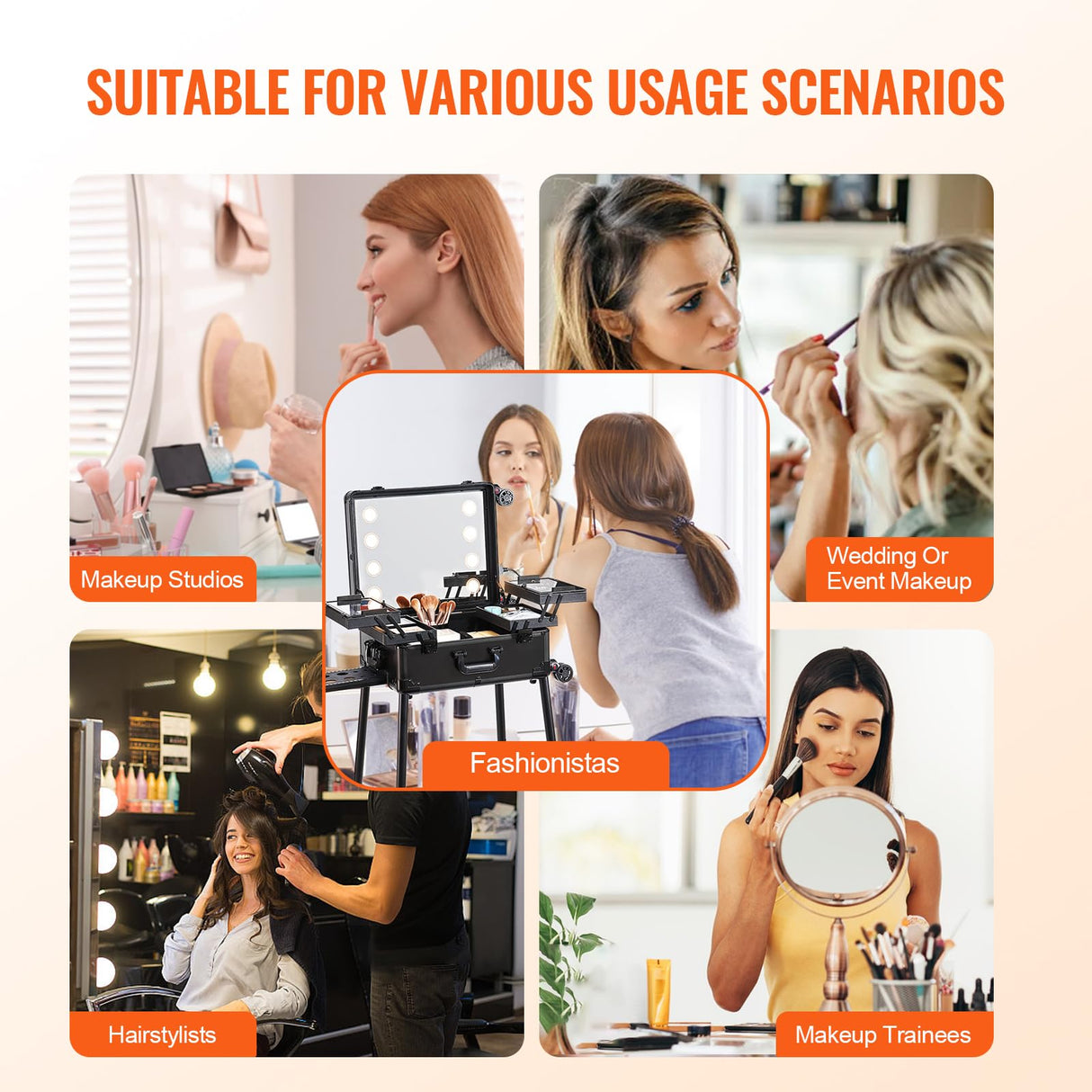 VEVOR Estuche de Maquillaje con Cerradura, Espejo, 4 Bandejas de Almacenamiento, Portaescobillas, Caja de Almacenamiento de Cosméticos con Ruedas Giratorias de 360° en Soporte para Estudio de Artista