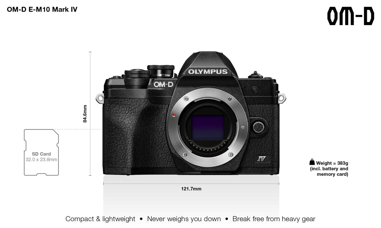 Cámara del Sistema Micro Four Thirds Olympus OM-D E-M10 Mark IV, Sensor de 20 Mpx, estabilizador de Imagen en 5 Ejes, Visor electrónico, vídeo 4K, Potente Enfoque automático, Wi-Fi, Negra