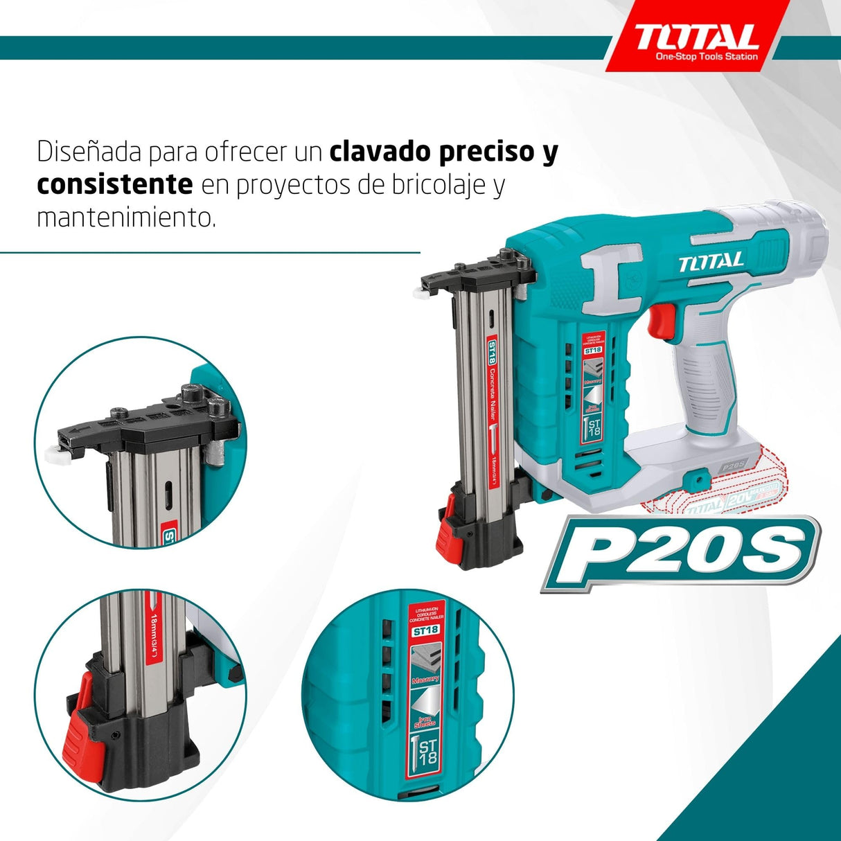 TOTAL - Clavadora a Batería 20V para Hormigón | 2 Clavos| Compatible ST18 | Cargador 65 Clavos | Modelo TCSTLI3805 | Herramienta Eléctrica con Maletín y Clavos Incluidos