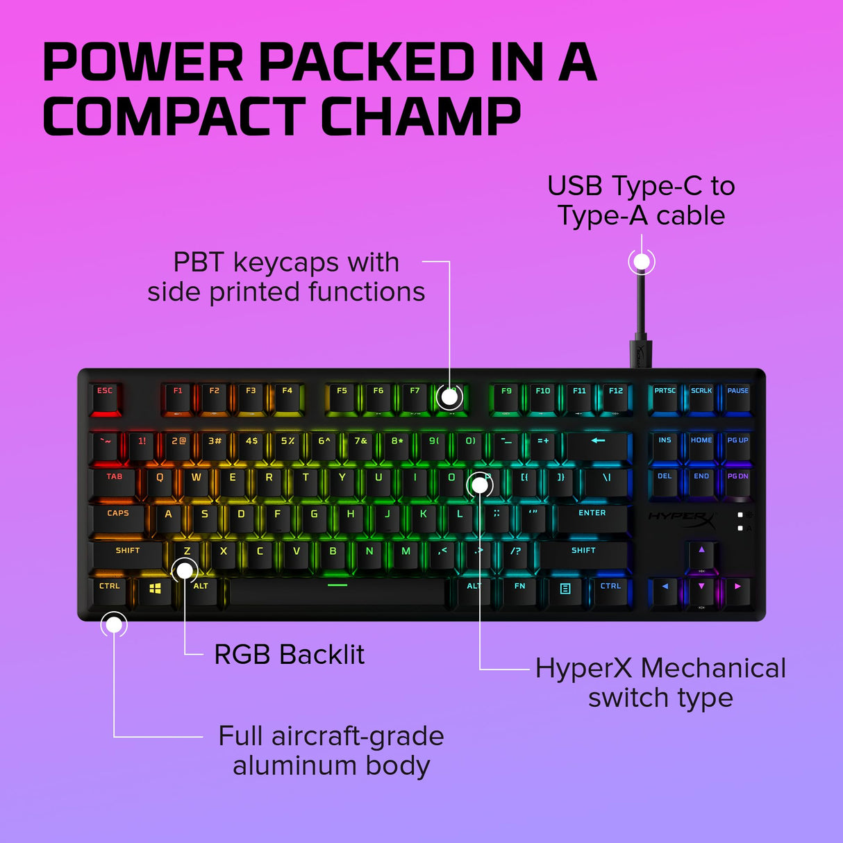 HyperX Alloy Origins Core PBT - Teclado mecánico para Juegos TKL, Teclas PBT, iluminación RGB, Compacto, Cuerpo de Aluminio, Personalizable NGENUITY, Memoria integrada, Interruptor Rojo