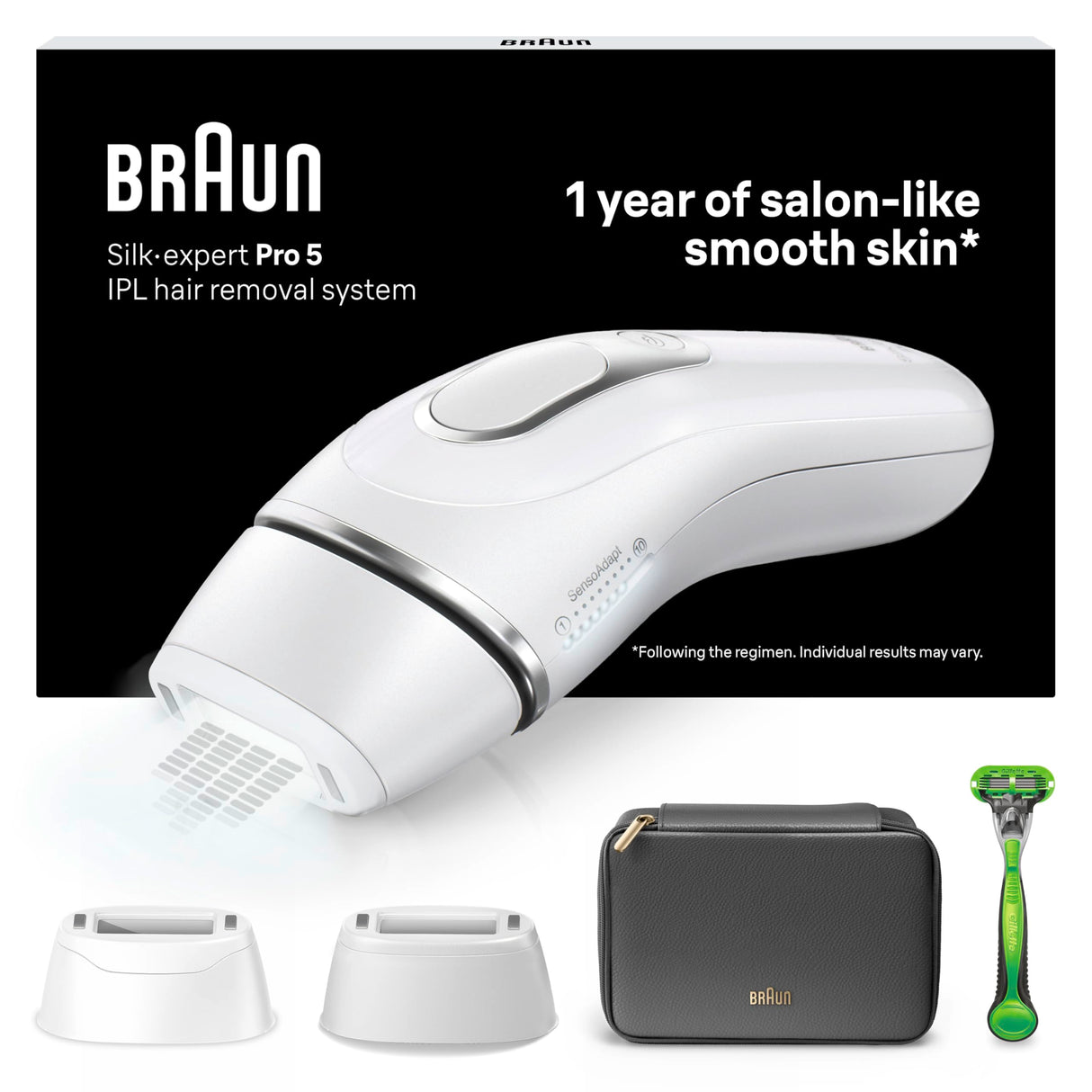 Braun Luz Pulsada Silk-expert Pro 5 PL5145 IPL, Eliminación Del Vello En Casa, Funda, Maquinilla De Afeitar Gillette, 2 Cabezales