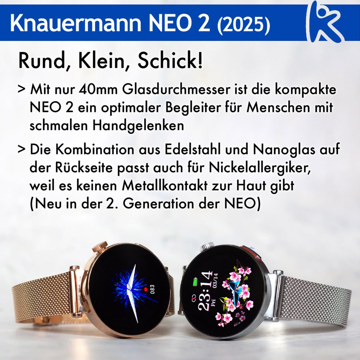 Knauermann Neo 2 (2025) - Oro Redondo - Reloj de Salud Reloj Inteligente - ECG - Función HRV - Bluetooth BT - Apnea del Sueño - Presión Arterial - Pulsera de Piel de Vaca Marrón, Durchmesser: 40mm;