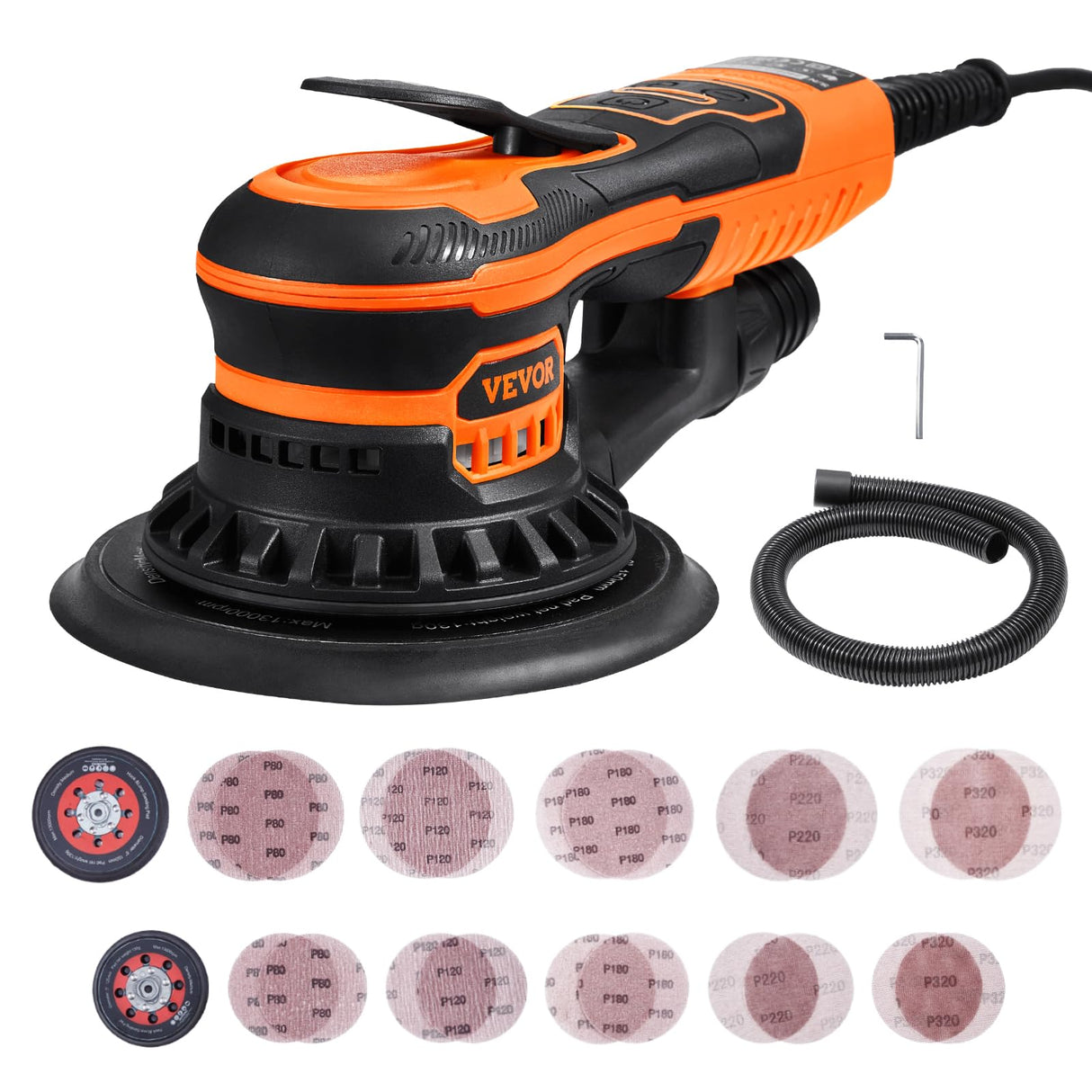 VEVOR Lijadora Orbital Aleatoria sin Escobillas de 350 W, 6 Velocidades, 10 000 PRM, 20 Papeles de Lija, Conector para Polvo y Manguera para Lijado de Detalles de Carpintería, 255 x 150 x 110 mm