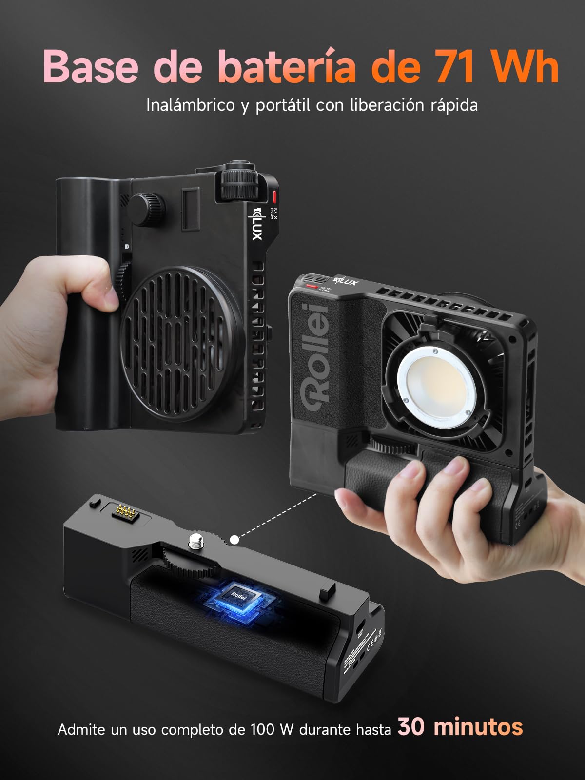 Luz Video, Rollei Lux 100W RGB Foco Vídeo Profesional con 71 WH Empuñadura Batería, Iluminación Continua DC/Tipo C con Candela App para Filmación Entrevista Transmisión, Luz-Video-Foco-LED-Fotografia