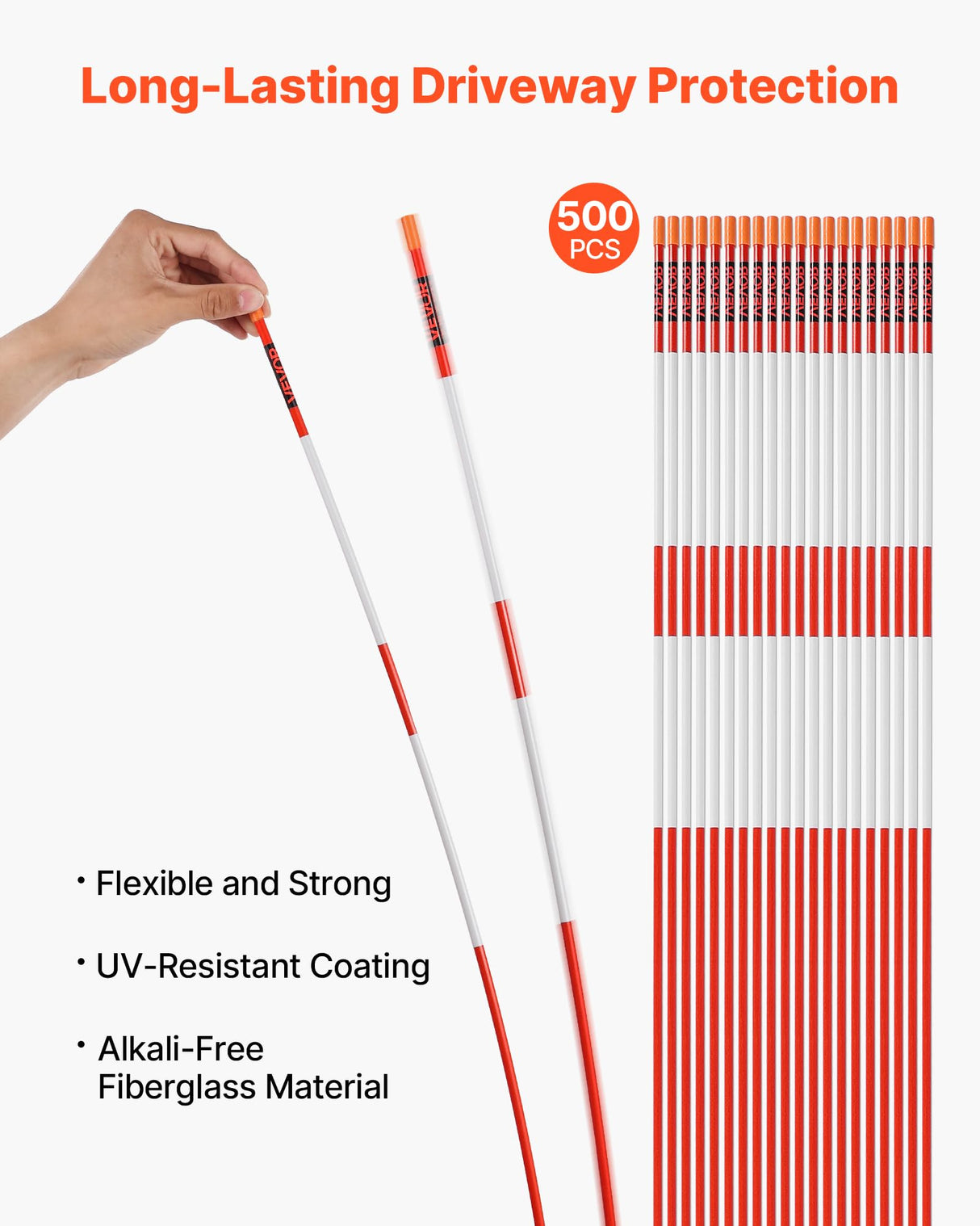 VEVOR Marcadores de Entrada, 500 PCS de Φ 8 x 1220 mm Reflectores de Alta Visibilidad con Brocas de Acero de 30 cm Bastones Reflectantes de Fibra de Vidrio para Nieve, Estacionamientos, Pasarelas