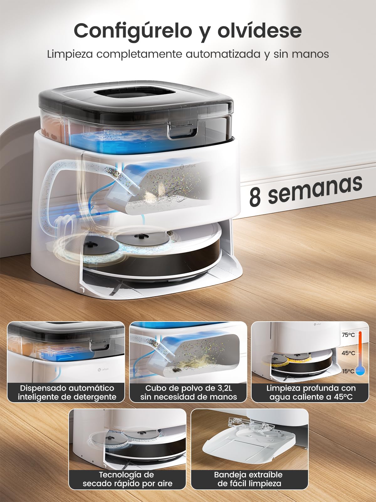 LEFANT M3 Robot Aspirador y Fregasuelos, Potente Succión de 12000 Pa, Doble Giro Fregar, Lavado y Secado Automático, Vaciado Automático para 3,2 L, Cepillos Antienredos, App/Alexa/iWatch, 2,4 G y 5G
