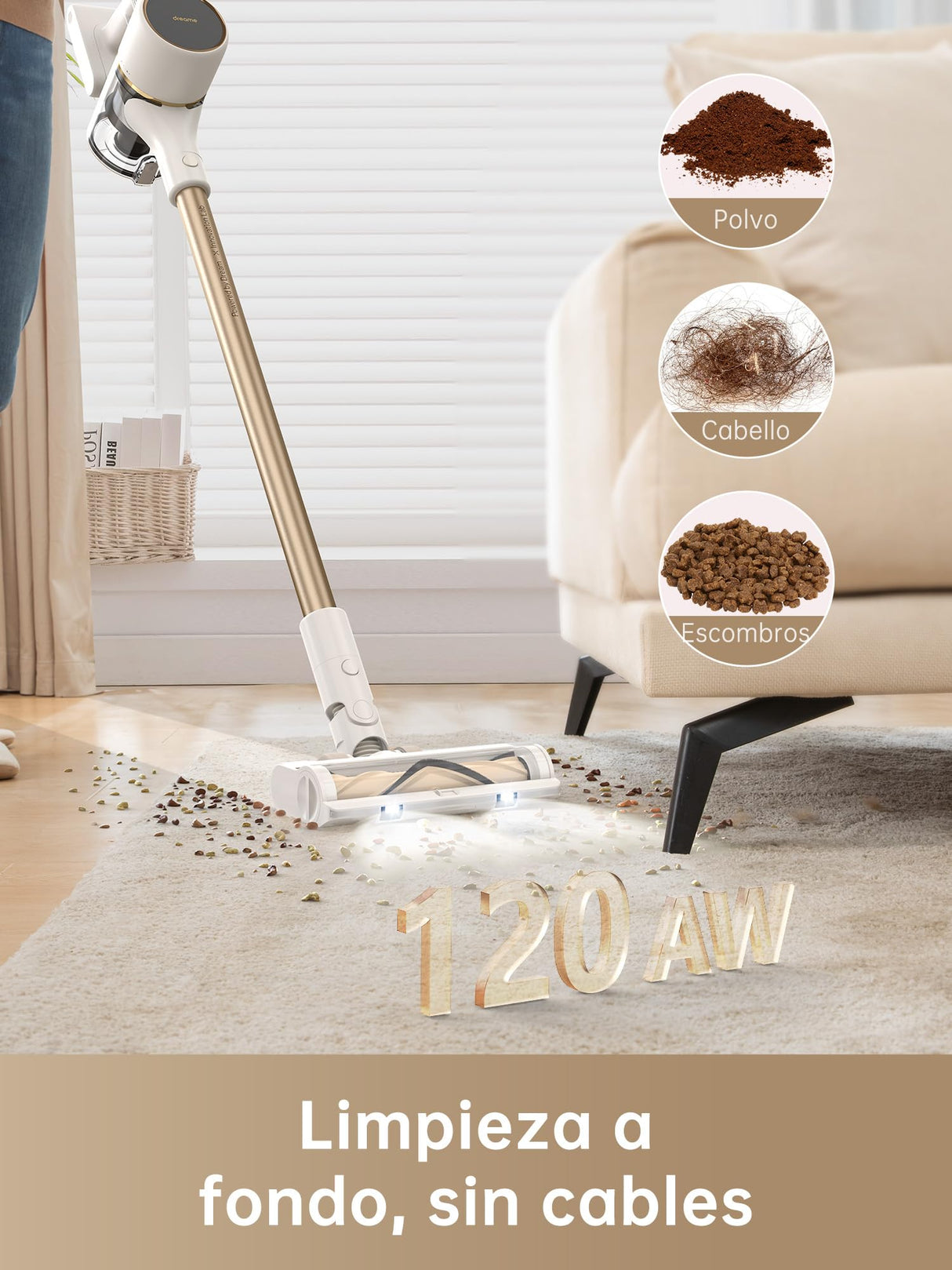 DREAME R10 Aspiradora sin Cable, 120 AW Aspiradora Escoba sin Cable, 60 Min Filtración Avanzada, Cepillo Multisuperficie, Luz LED, Adecuado para Limpiar Pelos de Mascotas, Polvo, Alfombra