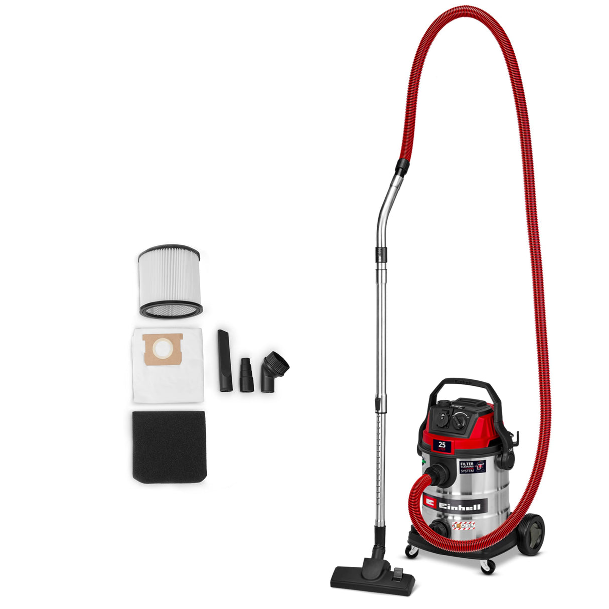 Einhell Aspirador en seco y húmedo TE-VC 2580 SACL (1100 W, Potencia de aspiración 200 mbar, depósito 25 l, Clase de protección al Polvo L, Filtro HEPA, Limpieza de filtros, Toma aut., Accesorios)