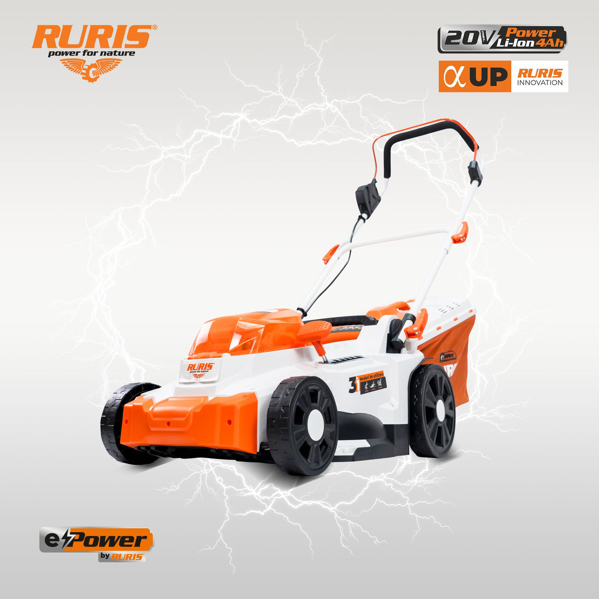 RURIS - Cortacésped inalámbrico RXI3744e - Ancho de Corte 37 cm, Altura 25-75 mm, función 3 en 1 (recolección, expulsión Trasera, Mulching), 2 baterías de Litio de 20 V y 4 Ah y Cargador Doble