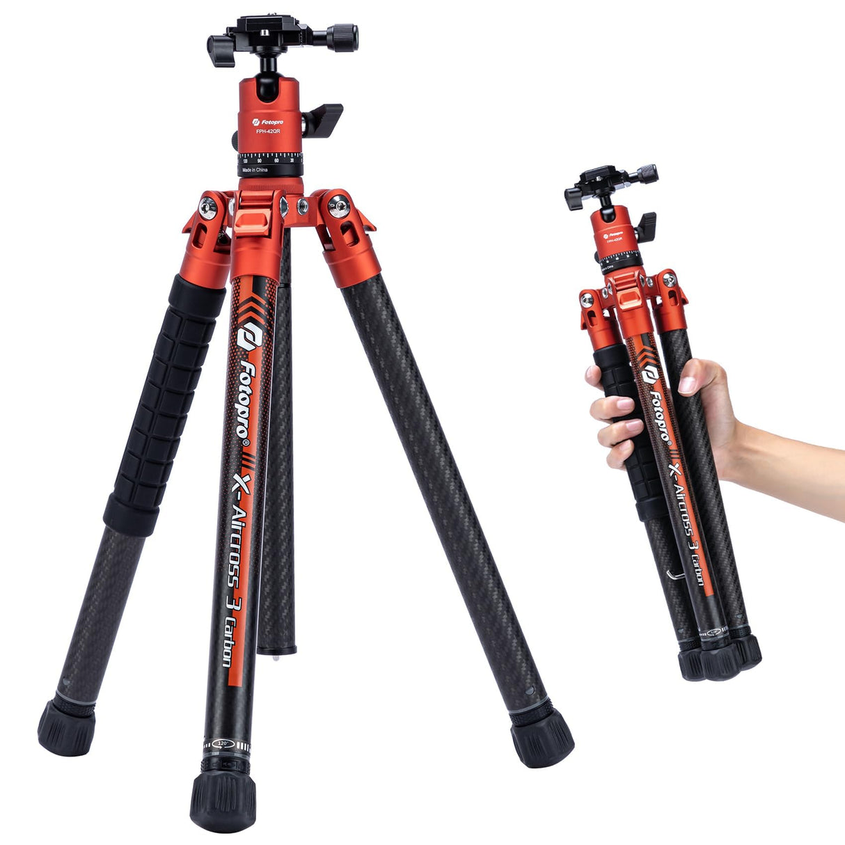 Fotopro - Trípode de cámara de Fibra de Carbono (163 cm, con monopodo, rótula 360, 1/4, Placa de liberación rápida, trípode de Viaje, Ligero, para cámara, Carga máxima, 12 kg, Aircross 3, Color