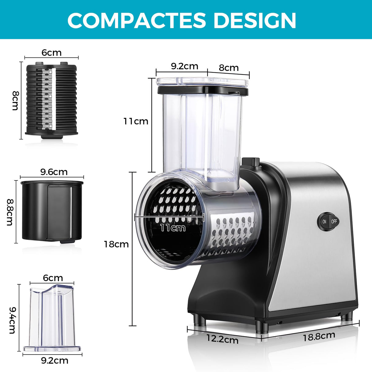 Cortadora Eléctrica de Verduras 250W, Rallador 5 en 1 con Amplia Boca de Llenado, Mandolina Multifuncional para Frutas, Verduras y Queso