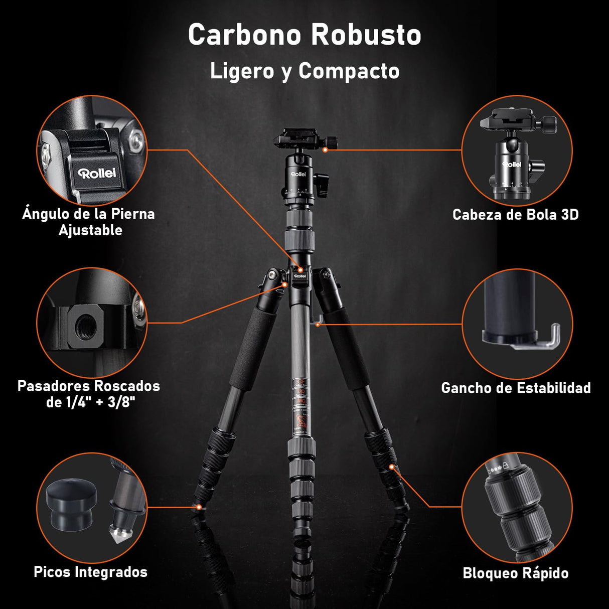 Rollei Tripode Camara Portátil Negro, 145cm Compact Traveler No.1 Carbon Trípode de Viaje Ligero con Soporte para Teléfono y Rótula de Bola 8kg Carga para Movil y Camara, Trípode-Cámara-Viaje-Tripod