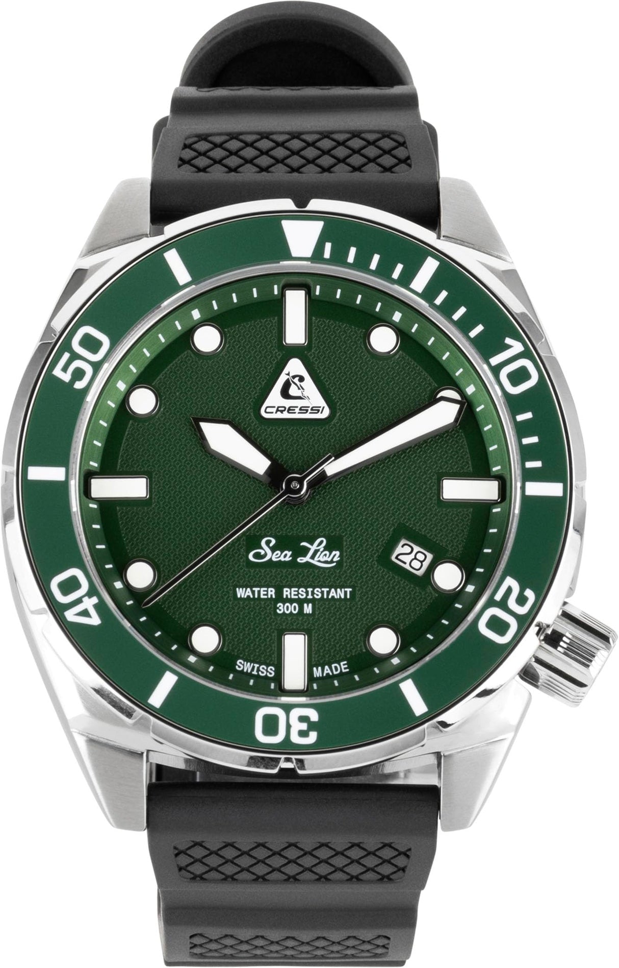 CRESSI Sea Lion Watch Plata/Verde 300m - Reloj de Buceo Profesional Unisex, Paraggi Edición 100% Swiss Made, Estanco hasta 300 Metros