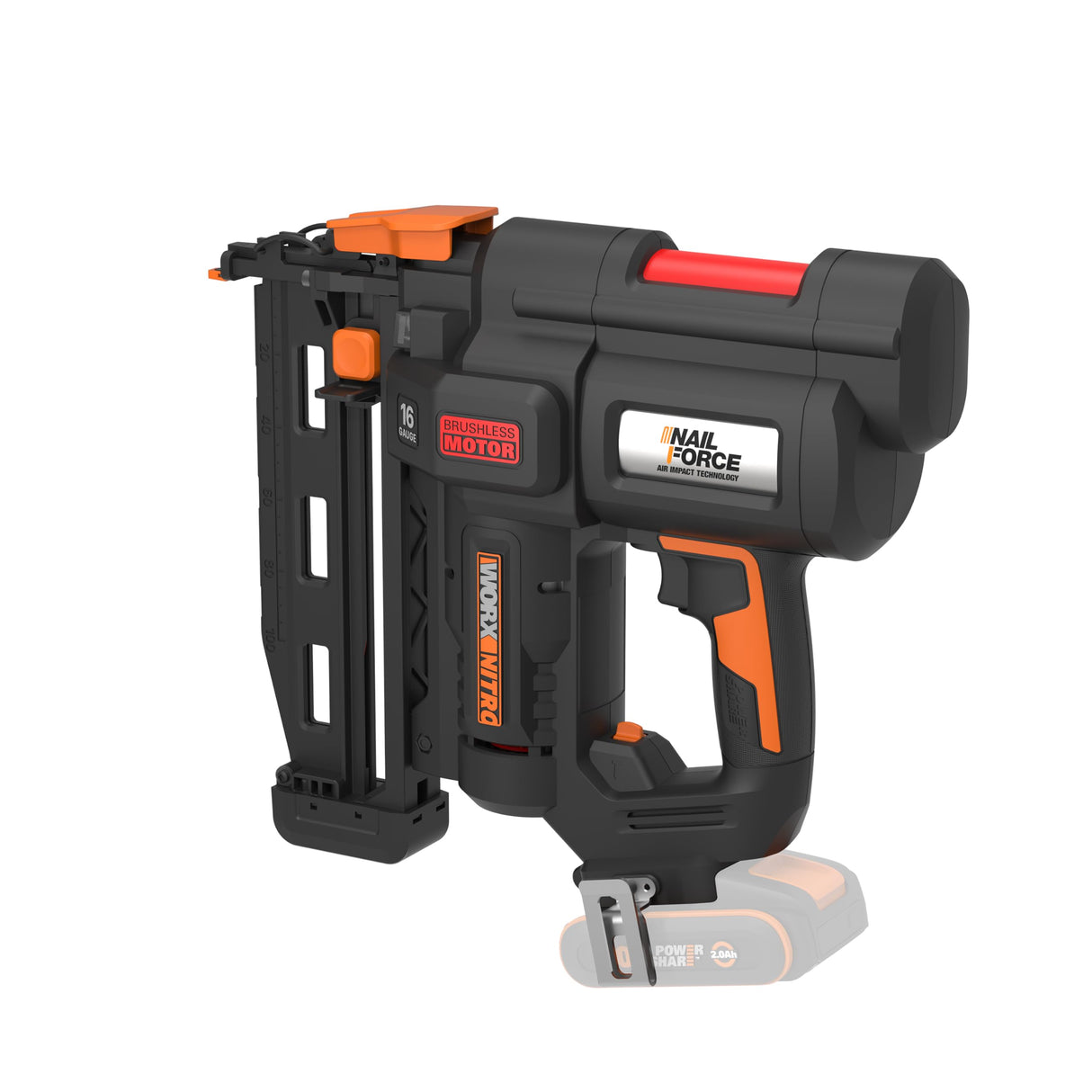 WORX WX841.9 Nitro 20V Clavadora sin cable de calibre 16 | clavadora inalámbrica| pistola de clavos alimentada por batería con liberación de atascos sin herramientas| PowerShare - Solo herramienta