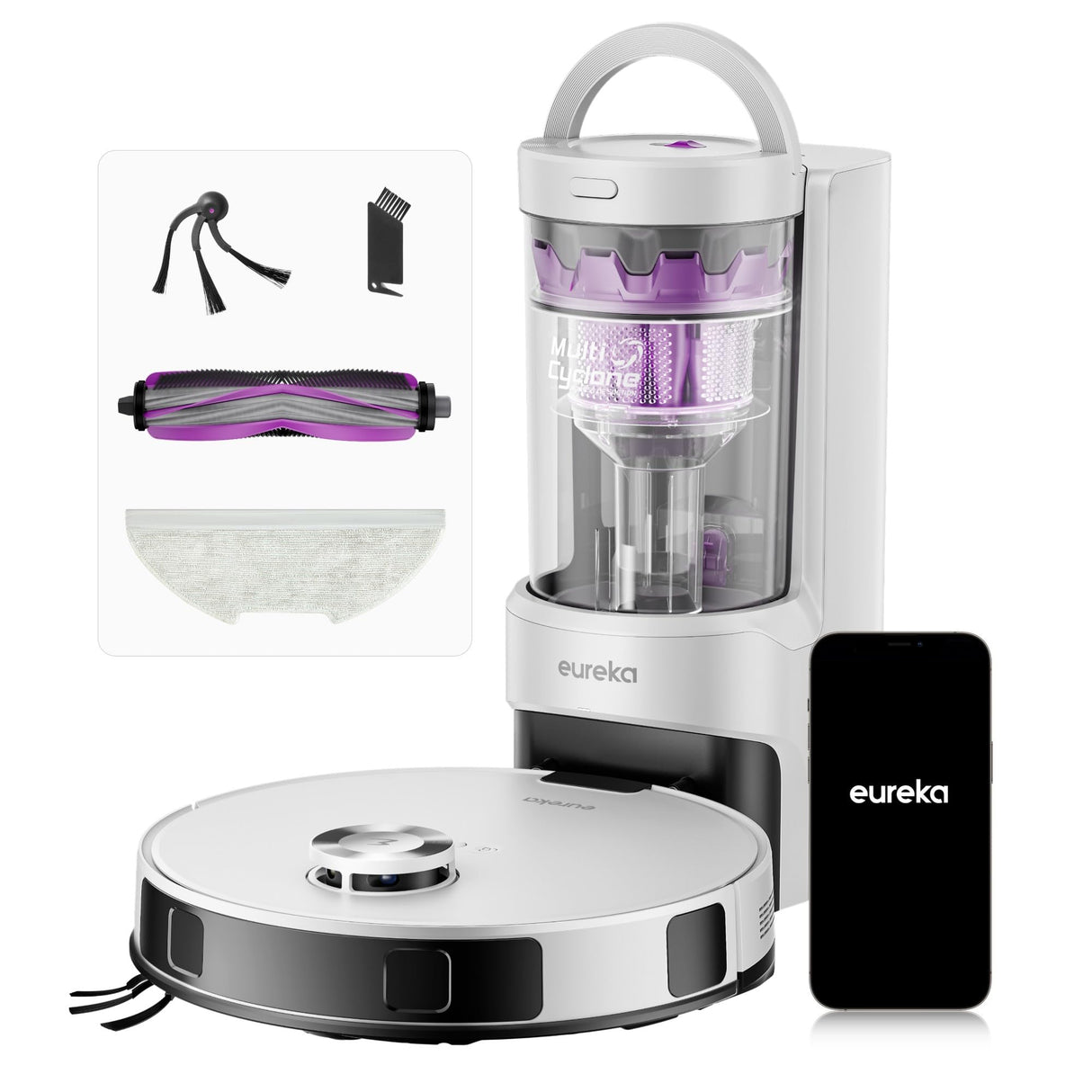 Eureka E20 EVO Plus Robot Aspirador y Fregasuelos 10000 Pa con Base Autovaciado, Navegación Láser, Duración de Batería 180 Min, Aspiradora Inteligente Antienredo para Suelos Duros, Alfombras, Pelo
