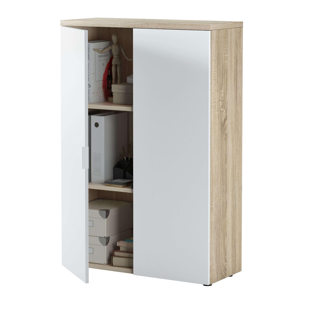 Habitdesign Mueble Auxiliar Despacho, Armario Estudio, 119x80x32,5 (AltoxAnchoxFondo - en cm), Color Blanco Artik y Roble Canadian, Modelo Office