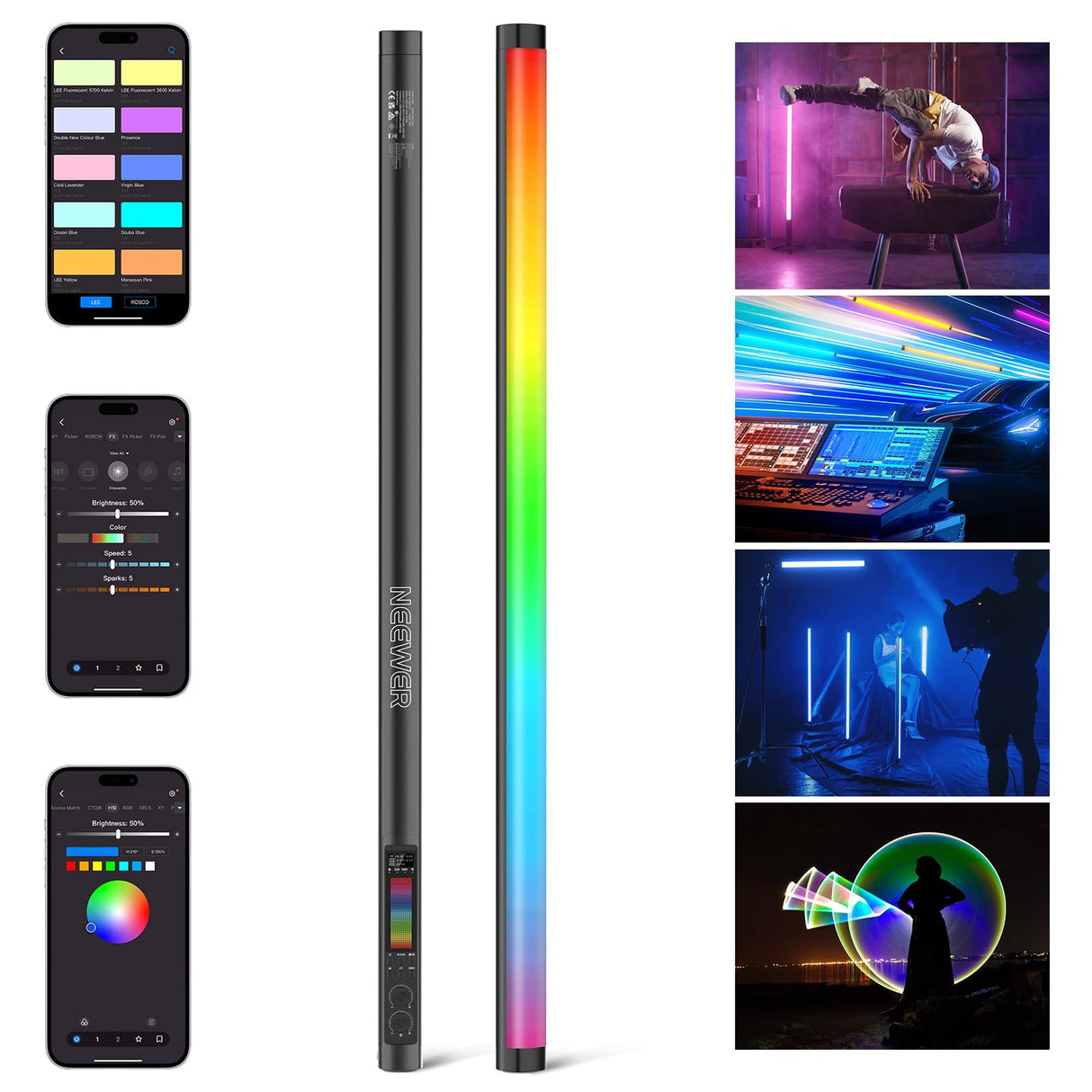 NEEWER RGB Tubo Luz, 30W Luz Video LED RGBWW Varita de Luz a Todo Color con 18 Escenas 7 Píxeles Efectos 2500-10000K CRI97/TLCI98 6000mAh, Control App/2.4G/DMX para Grabación Fotografía, TL90C