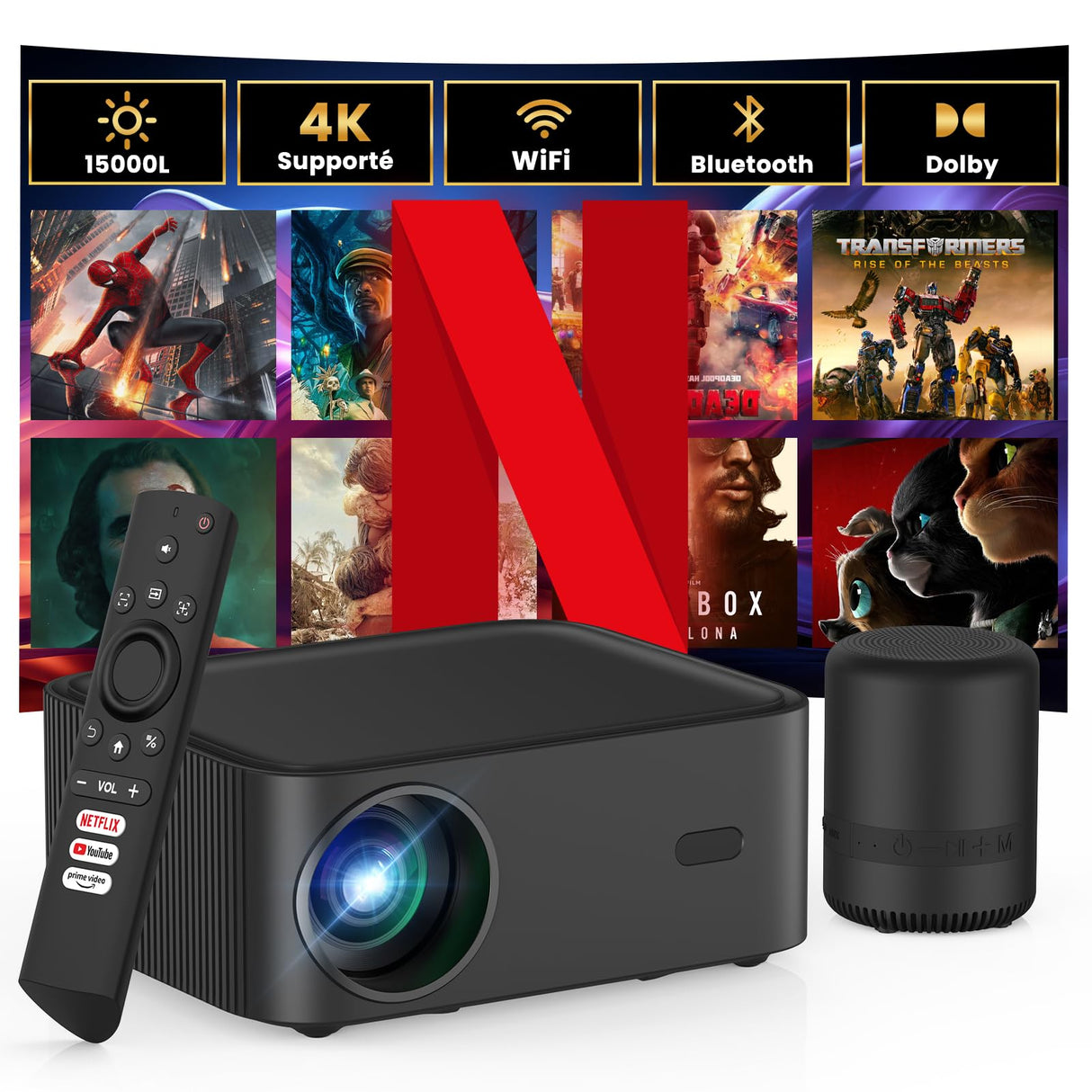 Mini Proyector【Netflix Oficial/Dolby Audio】con Altavoz BT, 15000L Proyector Portatil 4K Soporte WiFi Bluetooth, Proyector de Cine 1080P Full HD para Android/iOS/PS5