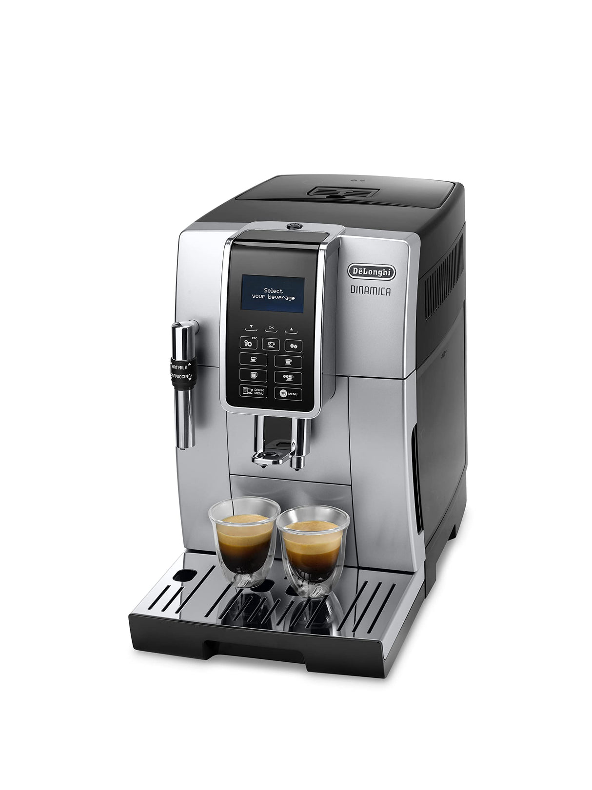 De'Longhi Dinamica ECAM 350.35.SB Cafetera Independiente, Totalmente Automática, Pantalla LCD y Botones Táctiles, 1450 W, 15 Bares, Negro/ Plata