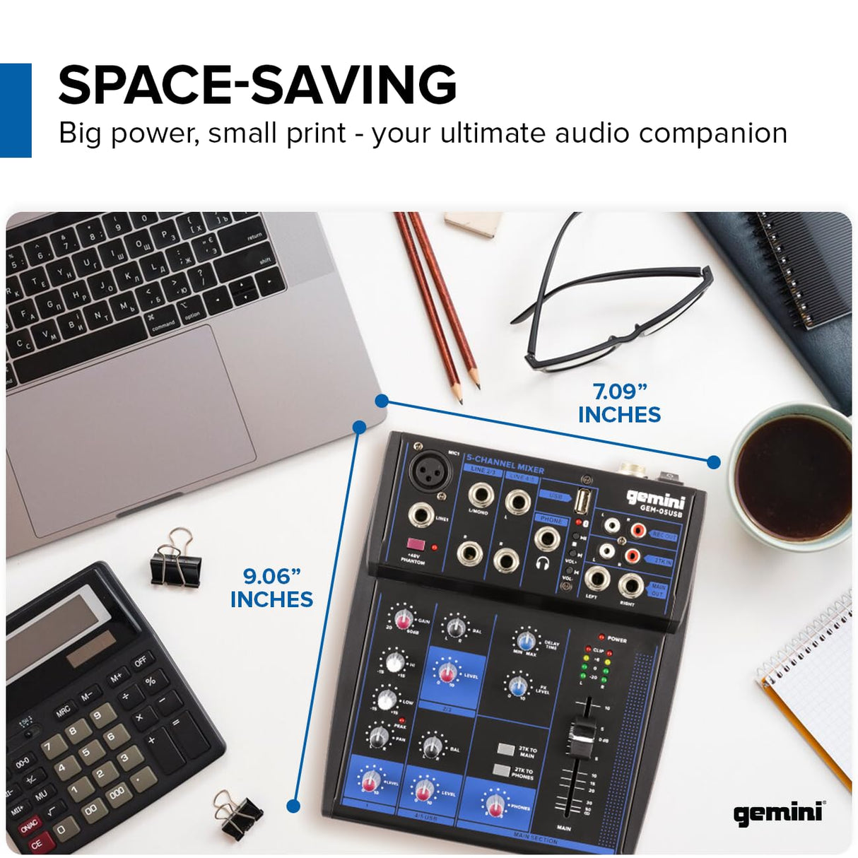 Gemini Sound GEM-05USB Mezclador analógico de 5 canales compacto que incluye un canal de micrófono de baja ruido, EQ de 2 bandas, reproducción USB de dispositivos USB y transmisión de Bluetooth