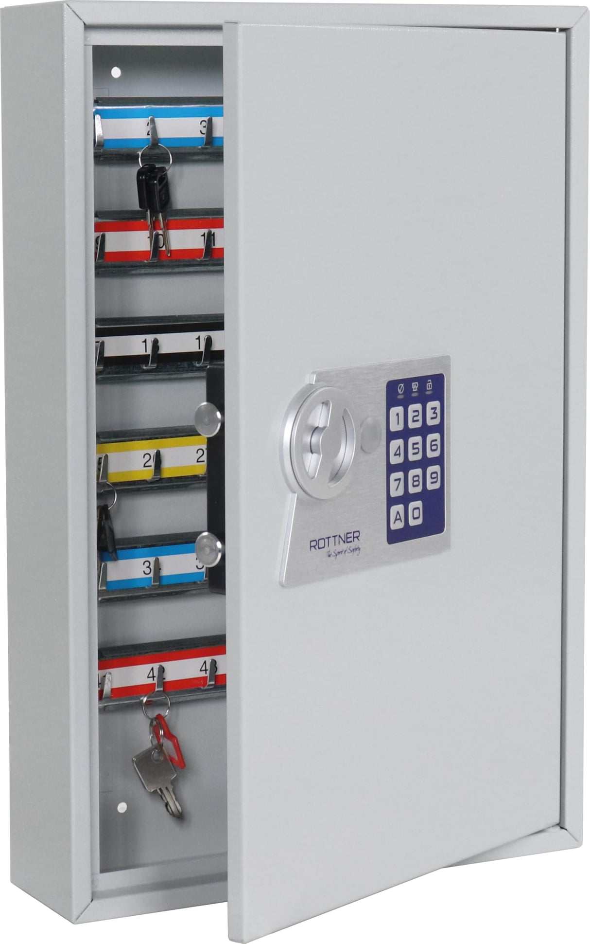 Caja fuerte para 64 llaves S64 EL de Rottner, Color gris claro, Fabricada en chapa metálica resistente, Cerradura electrónica, Teclado plano con luces LED, Tornillos de fijación incluidos