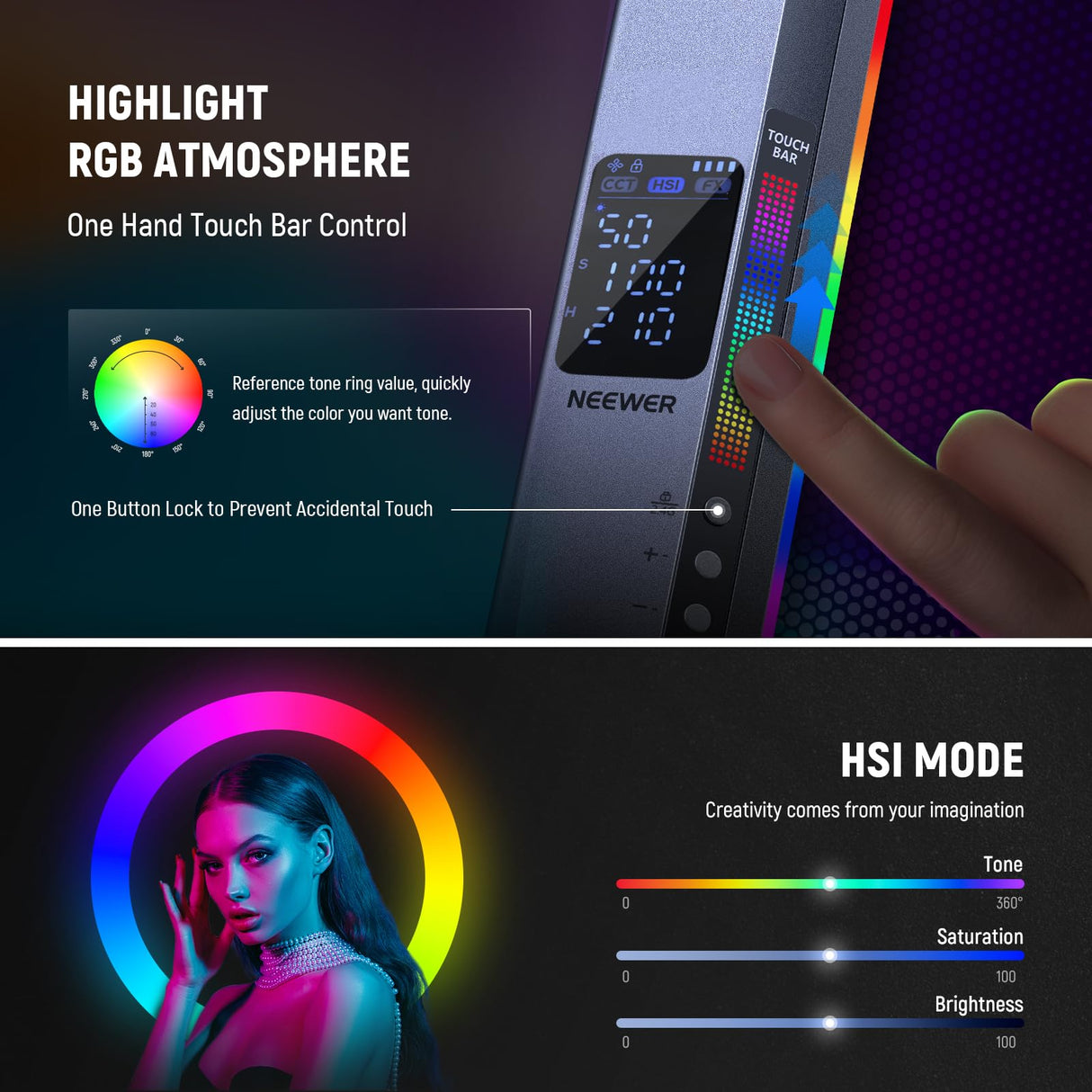 NEEWER RGB2 - Varita Luminosa LED RGB + Barndoor de Metal, Mango, Control de Barra táctil/App/2.4G, portátil magnética Recargable, Tubo para vídeo/Foto Regulable, 2500K-10000K CRI98+ 18 escenas