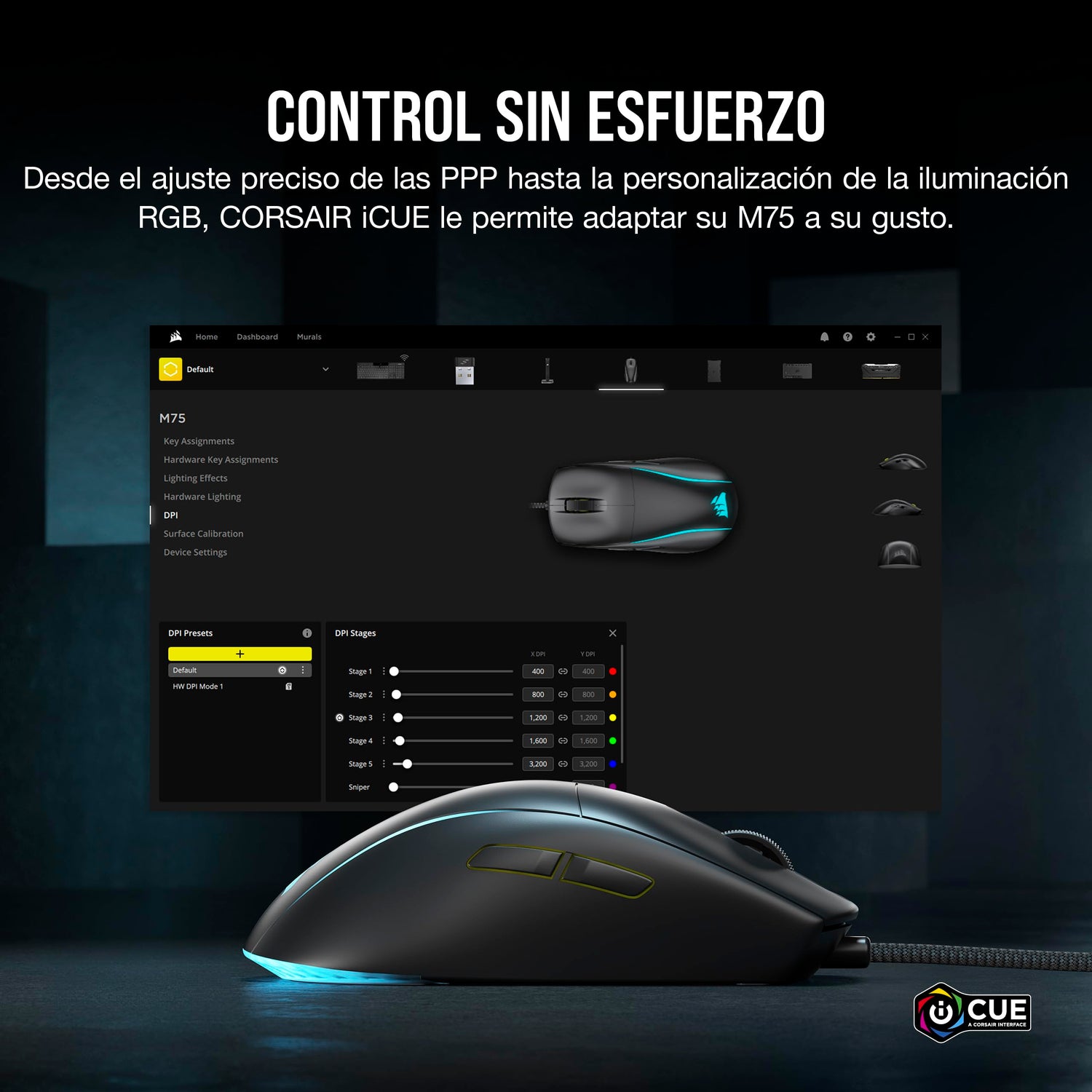 Corsair M75 Ratón para Juegos FPS Ligero RGB con Cable – 26.000 PPP – Botones Laterales Intercambiables – PC – Negro