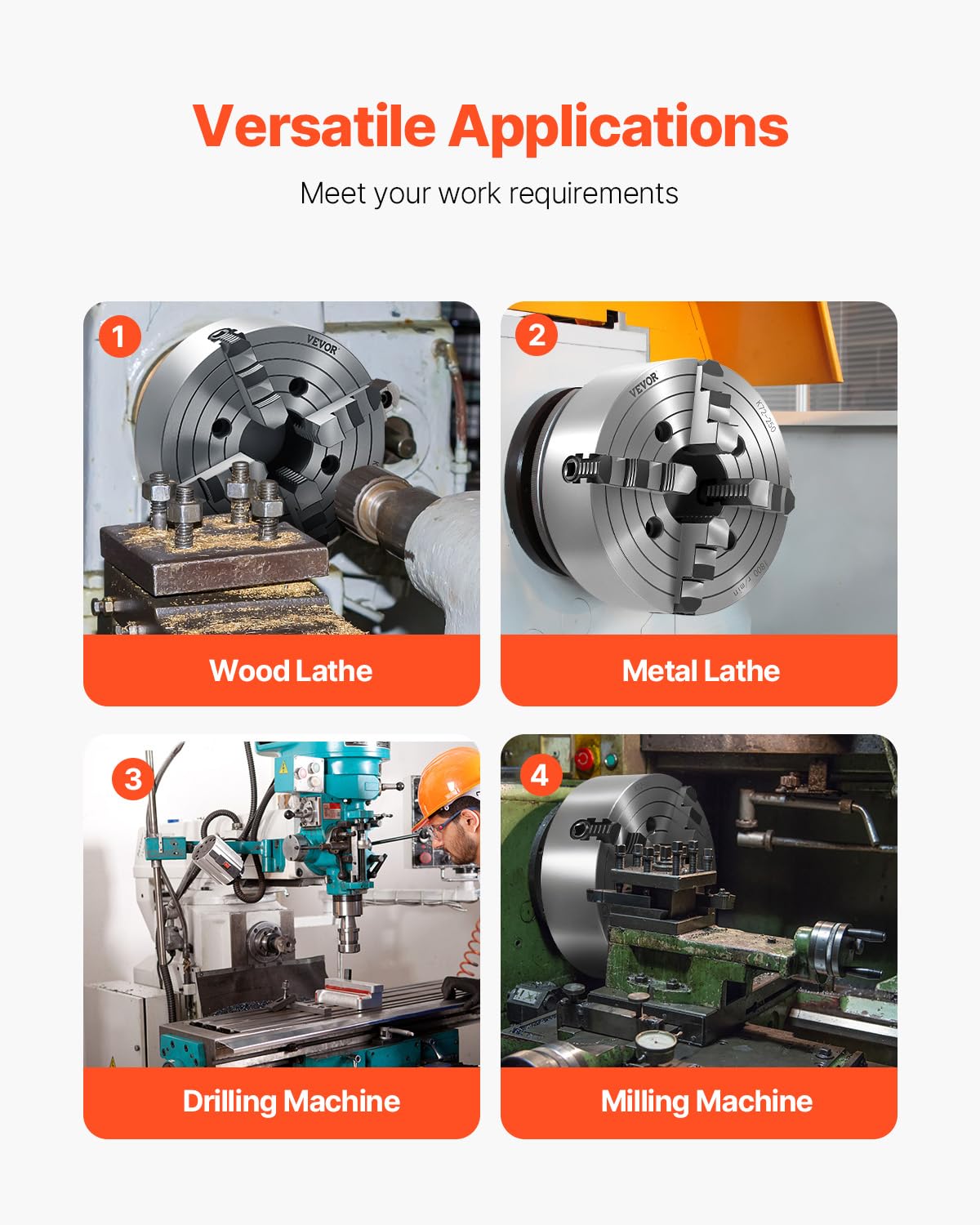 VEVOR Mandril de Torno de 4 Mordazas 25cm Autocentrante Rango de Sujeción de 15-250 mm con Tornillos de Fijación con Llave en T, Mordazas Reversibles, Interior/Exterior para Torno de Madera y Metal