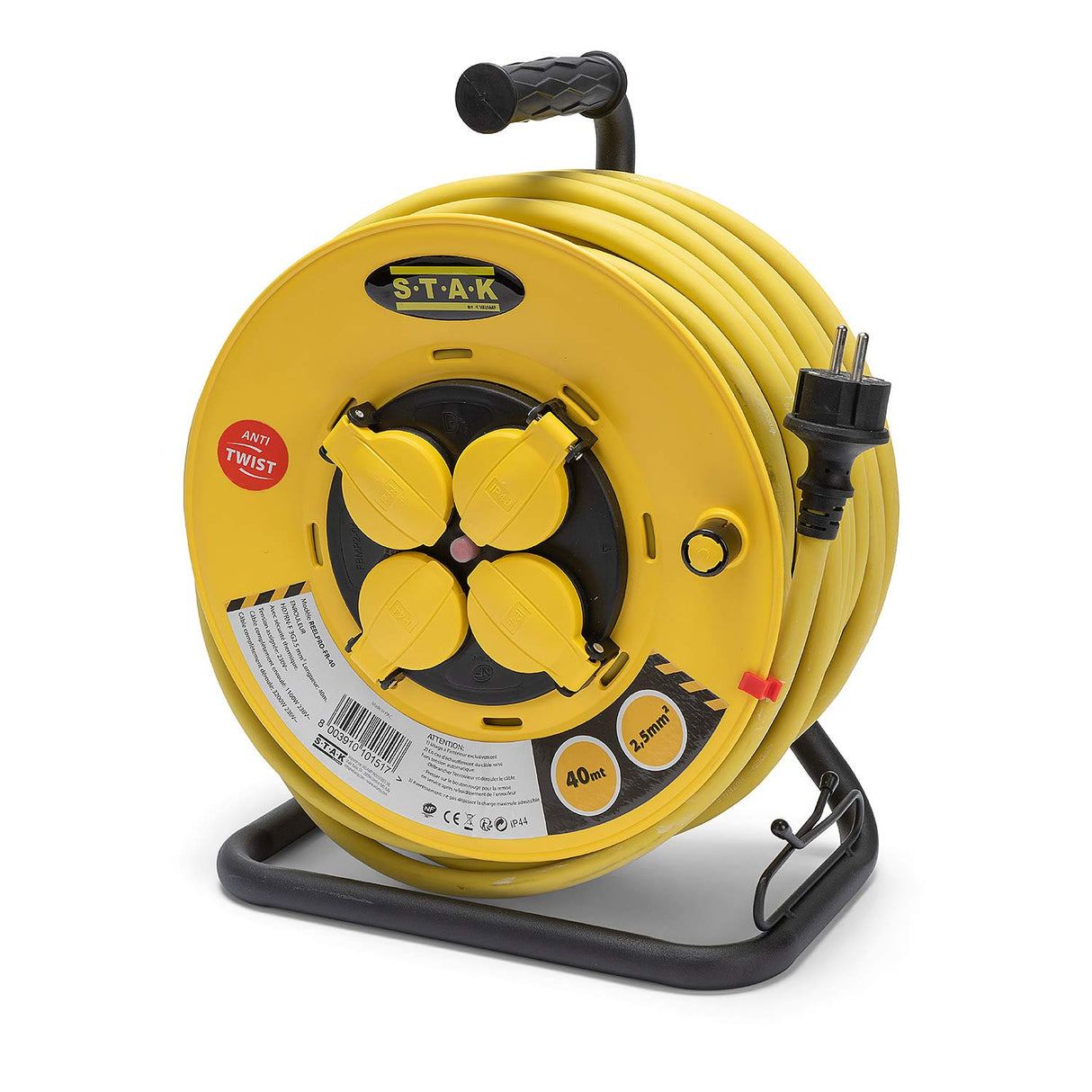 Stak REELPRO-FR-40 - Enrollador eléctrico profesional, tambor fijo, resistente al agua IP44 cable 40 m de goma 3G2,5 mm2 para obras, bricolaje, jardín, 4 enchufes, chasis de acero, color amarillo