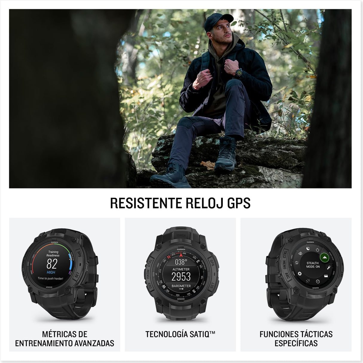 Garmin Instinct 3 Tactical Edition, 50 mm, Reloj Inteligente con GPS Resistente al Agua, Pantalla AMOLED, Funciones Tacticas, Monitorización de la Salud, Linterna LED, hasta 24 días autonomía, Negro
