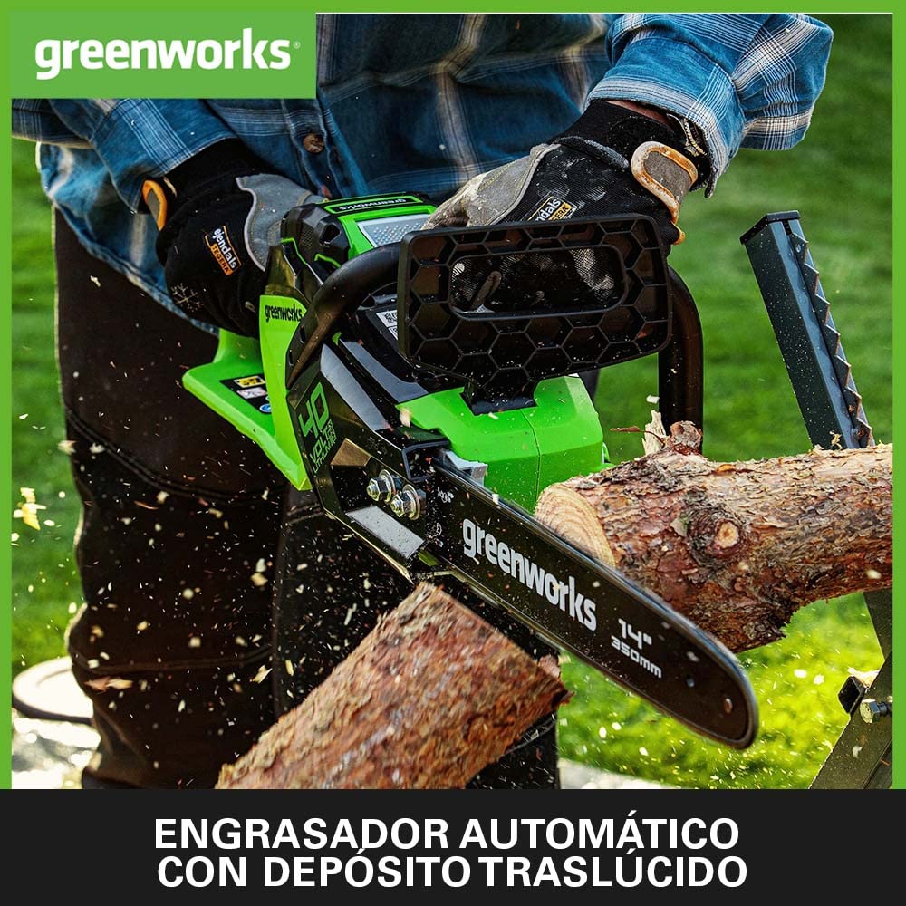 Greenworks GD40CS15K2X Motosierra a Batería, Motor sin Escobillas, Largo de Barra 14 Pulgada (35cm), Velocidad de Cadena 12 m/s, 3,5 kg, Protección de Retroceso, 2 x Baterías 40V 2Ah y Cargador