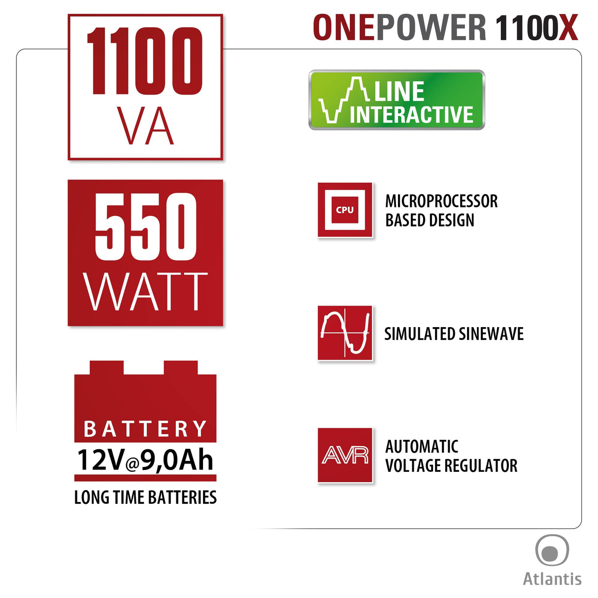 Atlantis Land OnePower PX1100 sistema de alimentación ininterrumpida (UPS) 1100 VA 4 salidas AC - Fuente de alimentación continua (UPS) (1100 VA, 550 W, 162 V, 268 V, 220 V, 220 V)