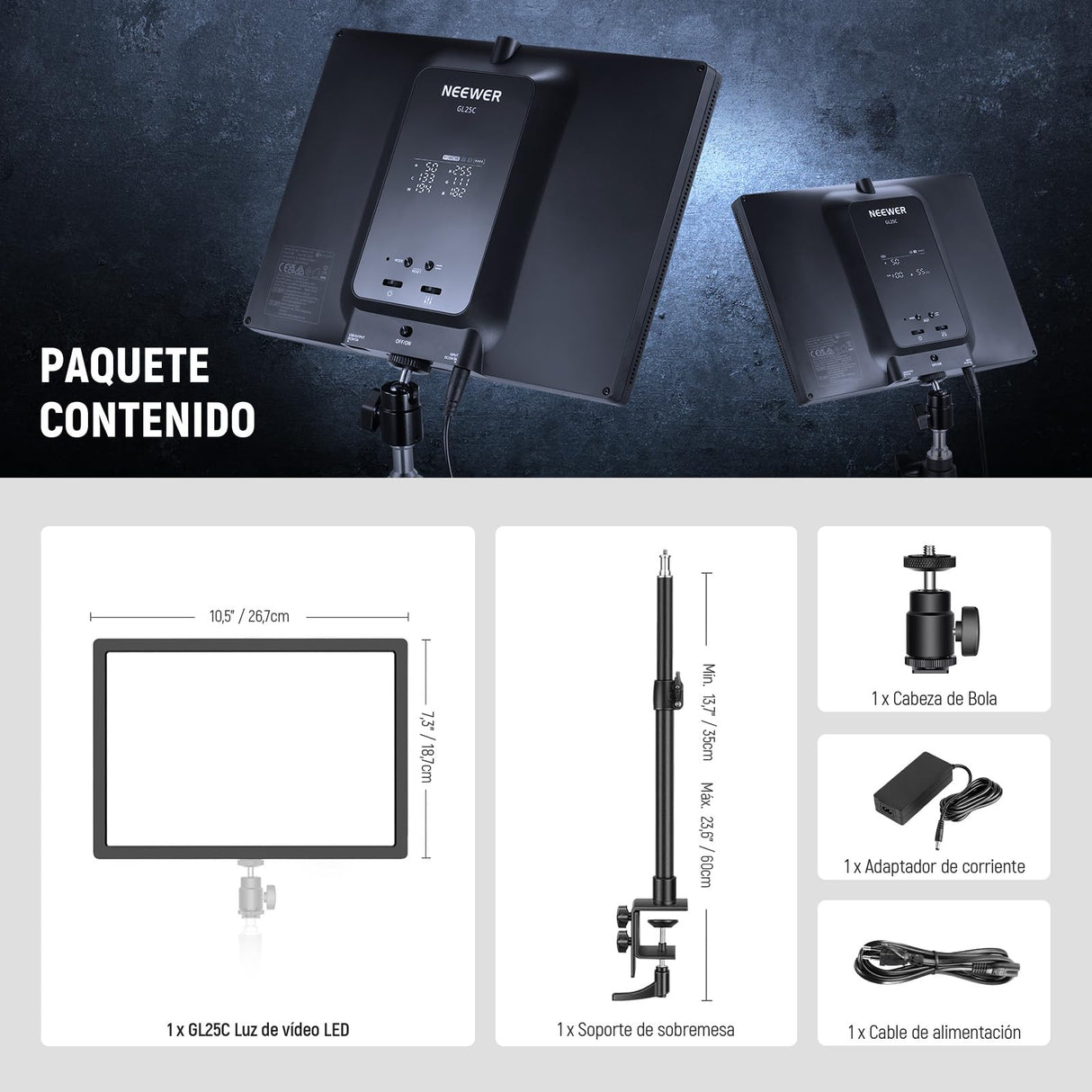 NEEWER GL25C LED RGB Streaming Key Light, App/PC/Stream Deck Control 25W 2500Lux/0.5m 2900K-7000K CRI95+/TLCI97+ Full RGB Regulable Borde Emitiendo Silencio Cámara Video Luz con Soporte de Escritorio