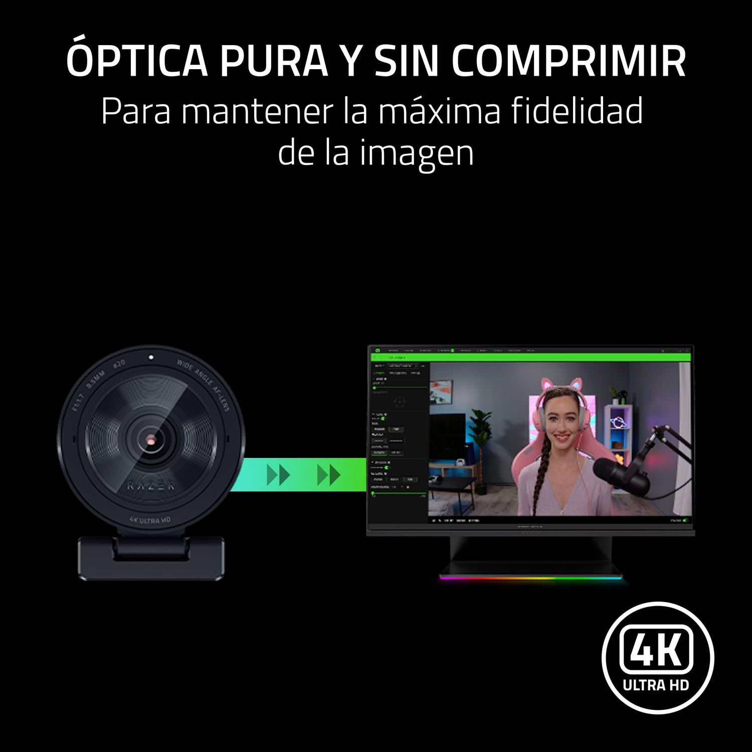 Razer Kiyo Pro Ultra - Cámara Web 4K para creación de contenidos y Streaming (Ultra High Dynamic Range-UHDR, UltraHD 4K 30 FPS/1080P 60 FPS, autoenfoque con IA, Sensor de luz de 2,9 μm) Negro