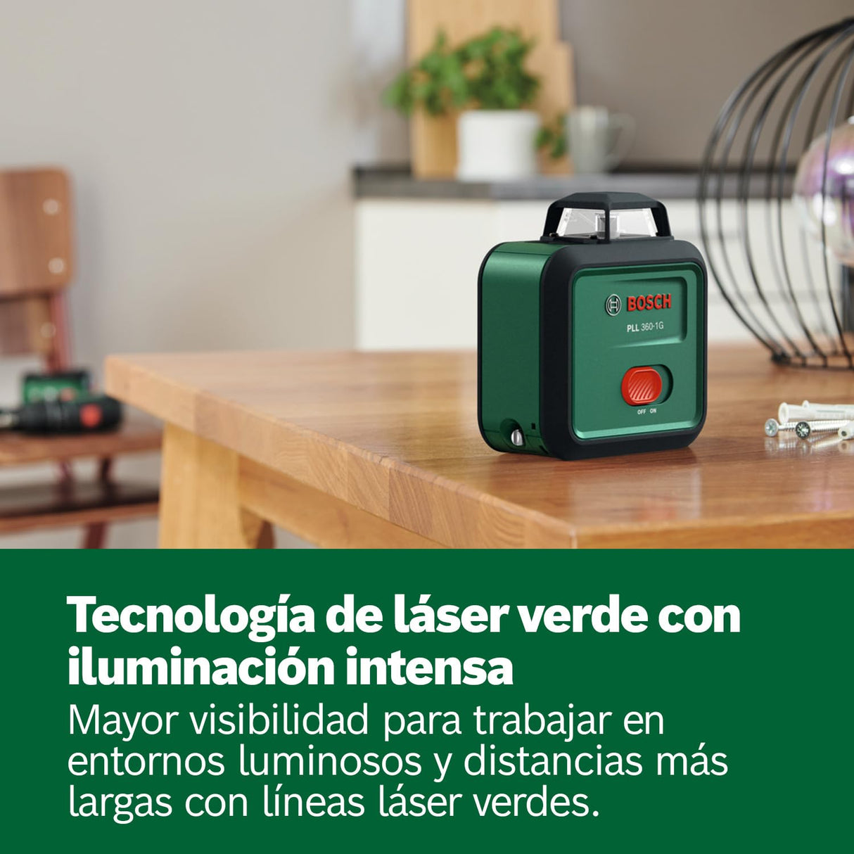 Nivel láser PLL 360-1G de Bosch (láser verde de 360°, autonivelante, precisión de ±0,4 mm/m, batería recargable de iones de litio integrada, carga USB-C®, en caja de cartón para comercio electrónico)
