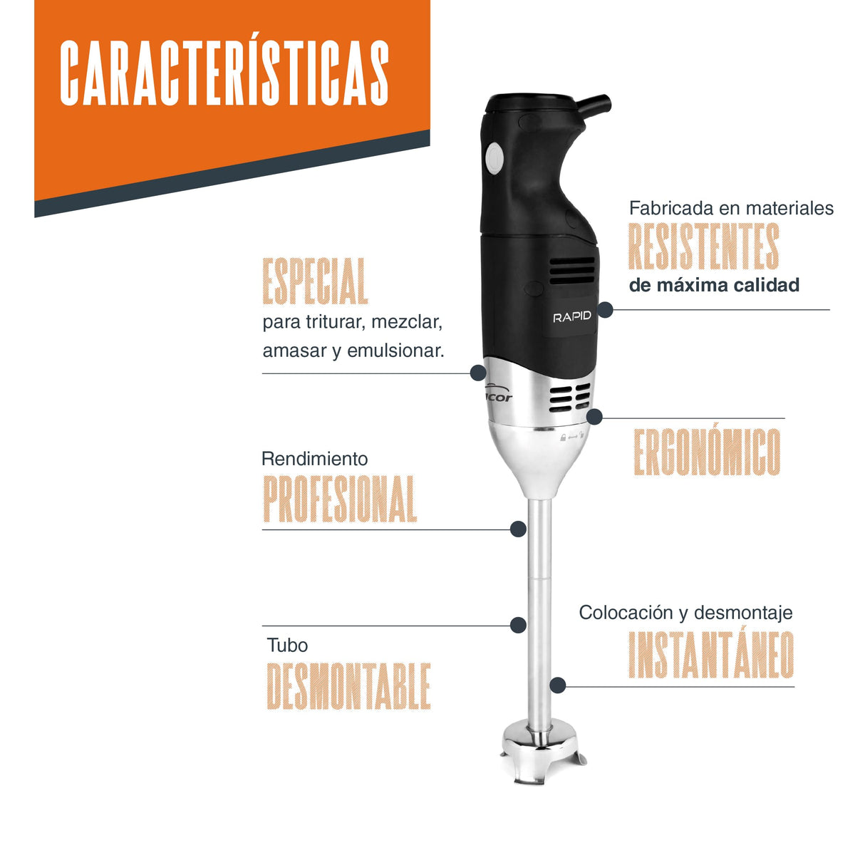 Lacor - 69920 - Batidor Rapid Serie, 8 Velocidades, 220 W, Acero Inoxidable, 4000-18000 r.p.m, Mango Ergonómico, Brazo Triturador Desmontable y Fácil Limpieza, Perfecto para Purés, Cremas y Salsas
