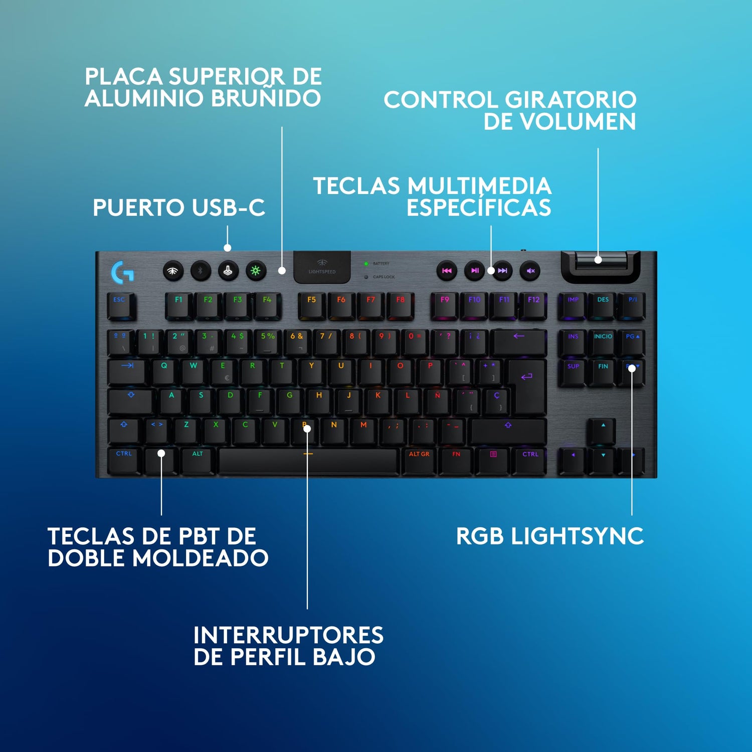 Logitech G G915 X LIGHTSPEED TKL, Teclado para gaming inalámbrico de perfil bajo, teclas de PBT de doble moldeado, elegante acabado aluminio, clic perceptible azul GL -PC/Mac, QWERTY US INT'L - Negro