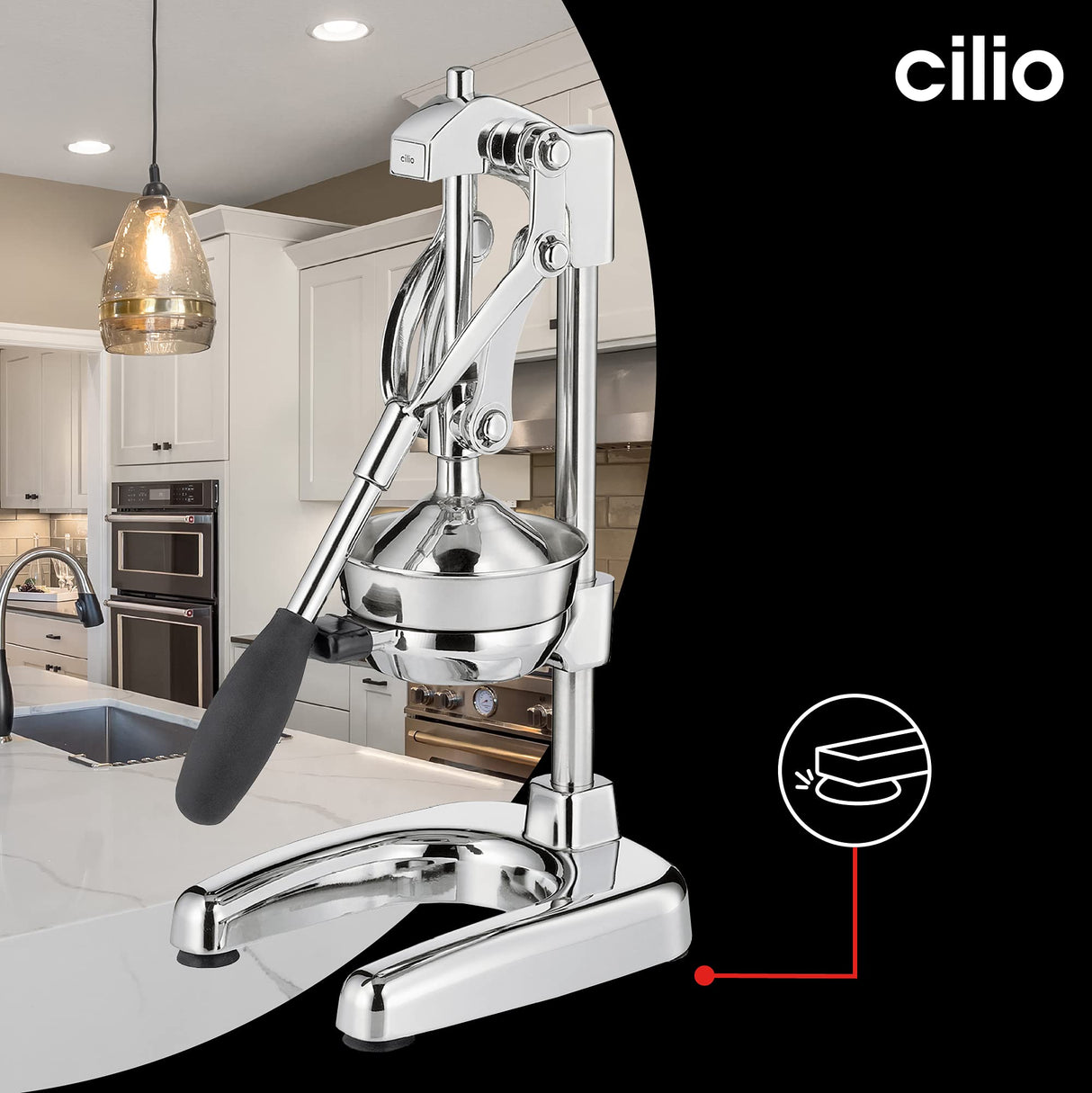 Cilio Exprimidor manual AMALFI | acero inoxidable | exprimidor manual para un 25% más de zumo | bajo esfuerzo | exprimidor profesional | 22,5 x 19,5 x 43,5 cm, cromado