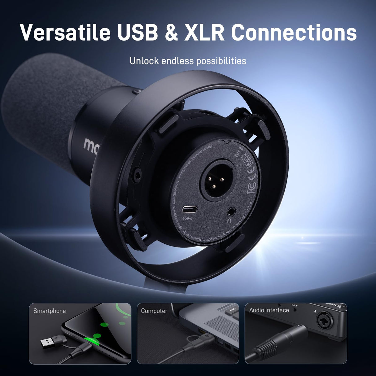 MAONO Micrófono PD300X para Podcast, Micro Profesional XLR/USB, Hi-FI 192 kHz/24 bits, reducción de Ruido, Software Link, para podcasting y grabaciones de Voz en Estudio