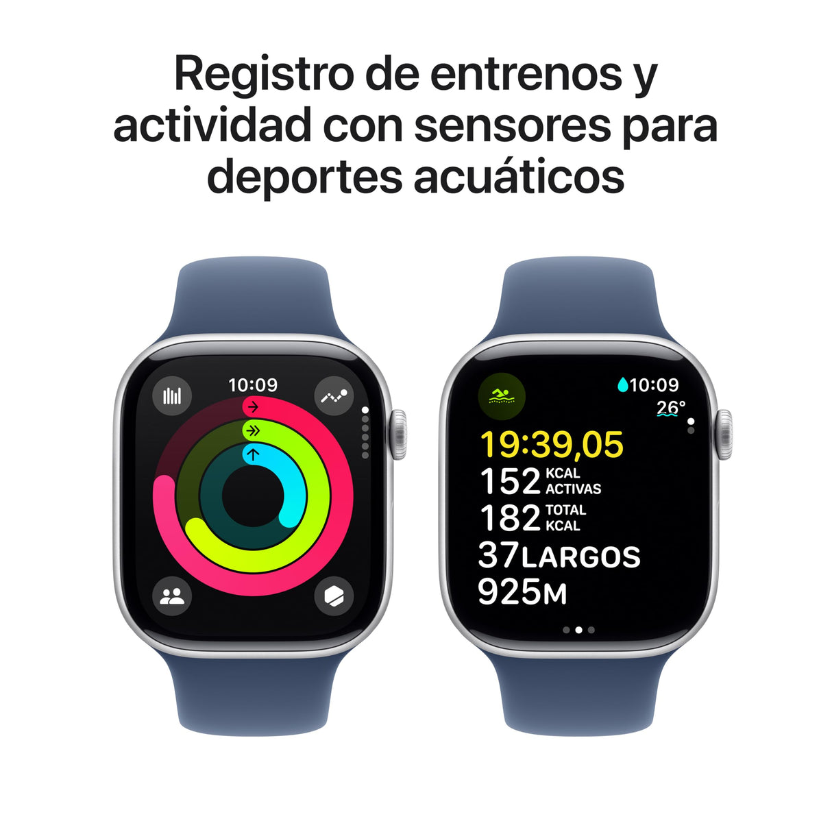 Apple Watch Series 10 GPS Smartwatch con Caja de Aluminio Plata de 46 mm y Correa Deportiva Azul Denim - Talla M/L. Monitor de entreno, App ECG, Pantalla Retina Siempre Activa