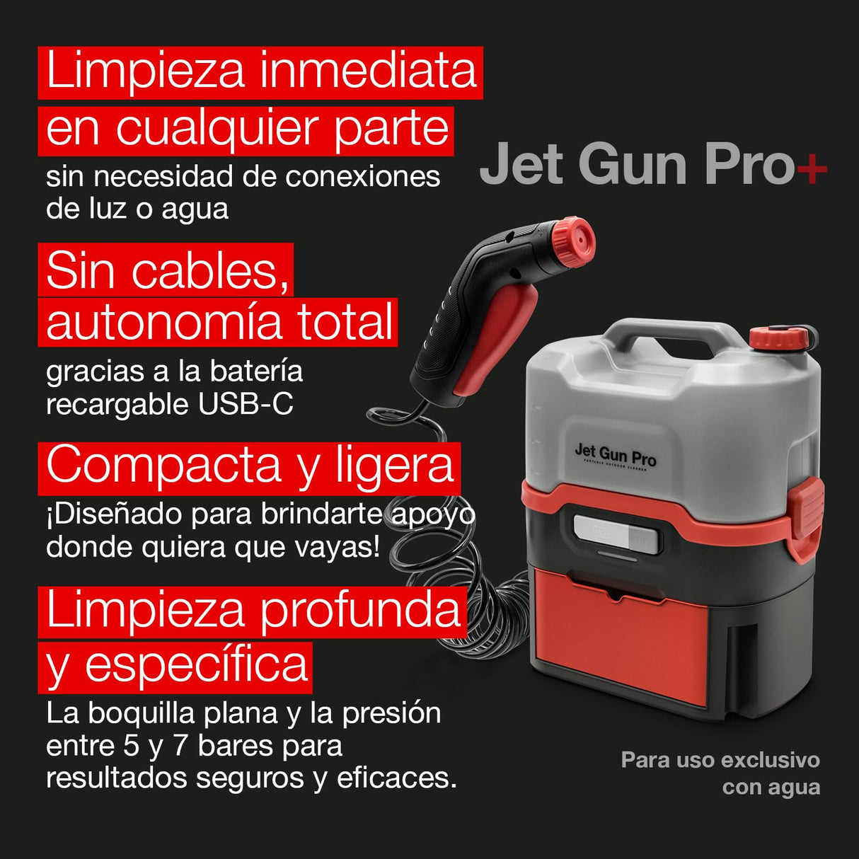 ERRECOM JET GUN PRO+, Hidrolimpiadora portátil con batería, cajón para accesorios, depósito de agua de 8 L y tubo en espiral de 3 m, Peso 2,9 kg