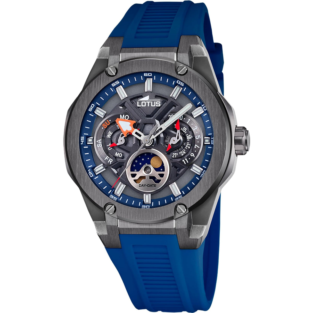 LOTUS Reloj Hombre 18946/4 Vortex con Fase Lunar Caja de Acero Inoxidable 316l Negro Correa de Caucho Azul