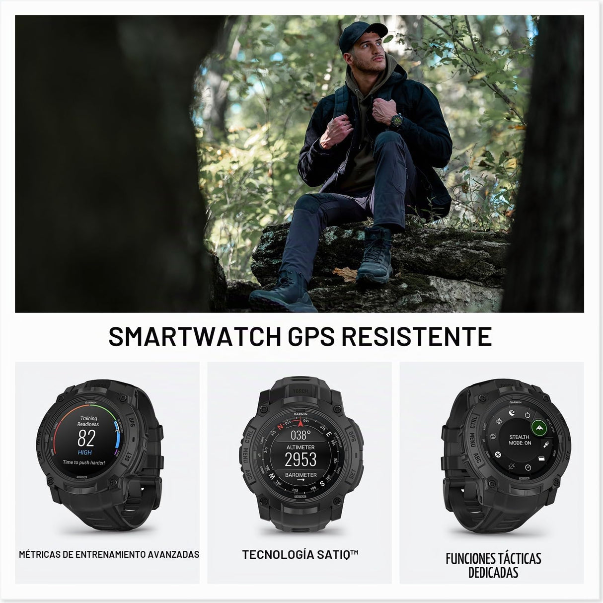 Garmin Reacondicionado Instinct 3 Tactical Edition, 50 mm, Reloj Inteligente con GPS Resistente al Agua, Pantalla AMOLED, Linterna LED, hasta 24 días autonomía, Negro, Reacondicionado
