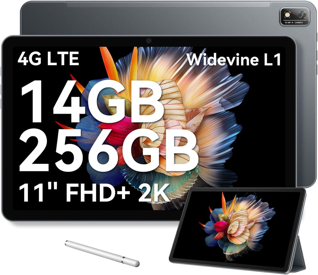 Blackview Tab16 Tablet 11 Pulgadas, 14(8+6)GB RAM + 256GB ROM(1TB TF) 2K FHD Pantalla Tablets Android 12, 4G LTE & 5G WiFi, Widevine L1, 4 Altavoces/8MP+13MP/Face ID/GPS/OTG/con Lapiz & Funda
