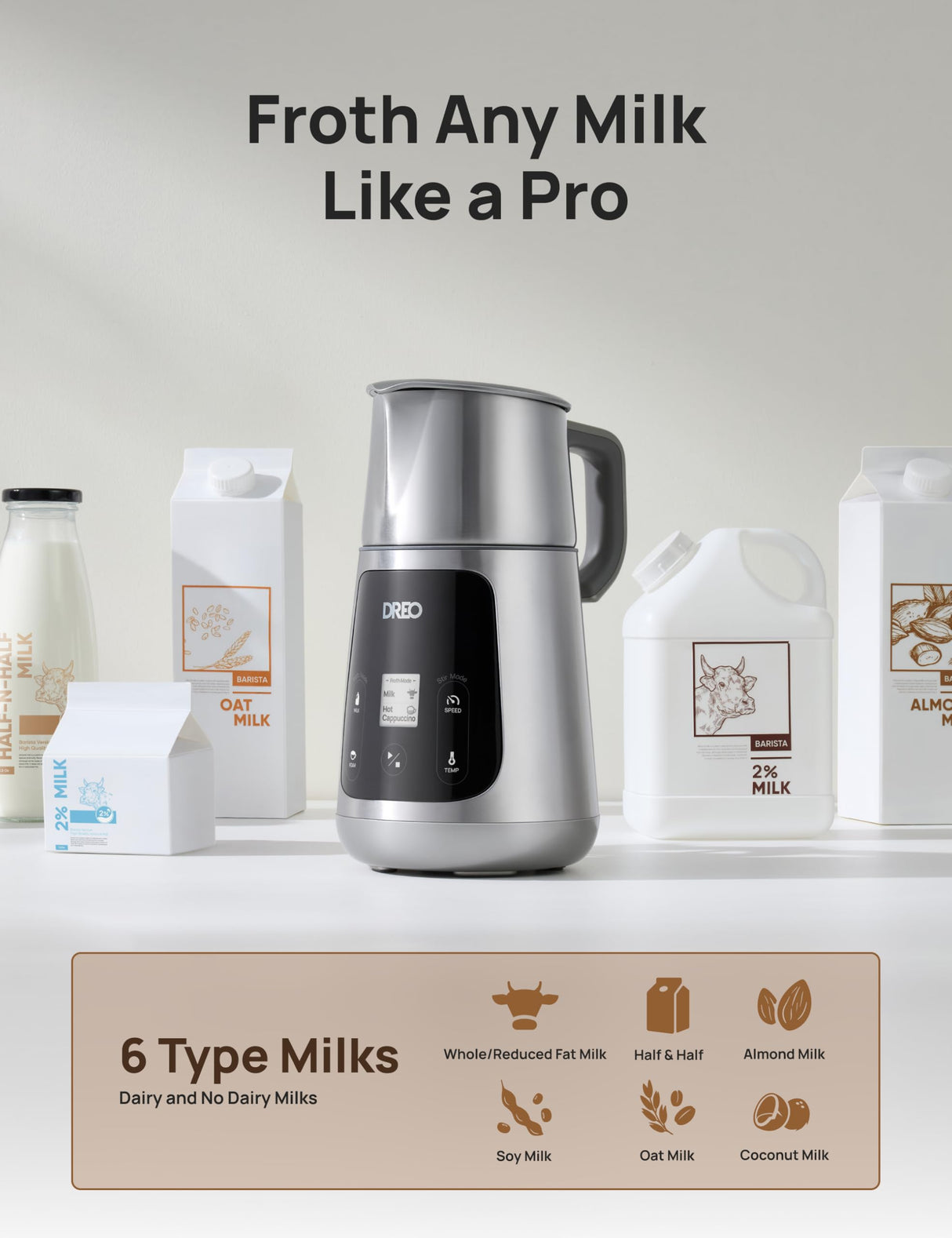 Dreo Espumador de Leche Todo en Uno, Creador de Espuma Automático para Microespuma de Nivel de Arte en Latte y Café Caliente/Frío, Calentador de Leche Eléctrico de 27oz/800ml con más de 30 Bebidas