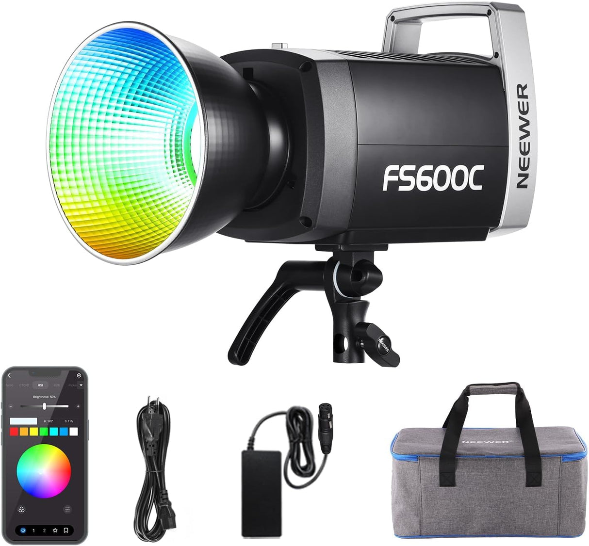 NEEWER Pro 600W RGB LED Video Luz App/2,4G/DMX Control, 2500-7500K 52500lx/m COB Luz Continua Iluminación Foco, CRI95+/TLCI97+ Foco Luz con Bolsa para Fotografía Estudio Grabación Streaming, FS600C