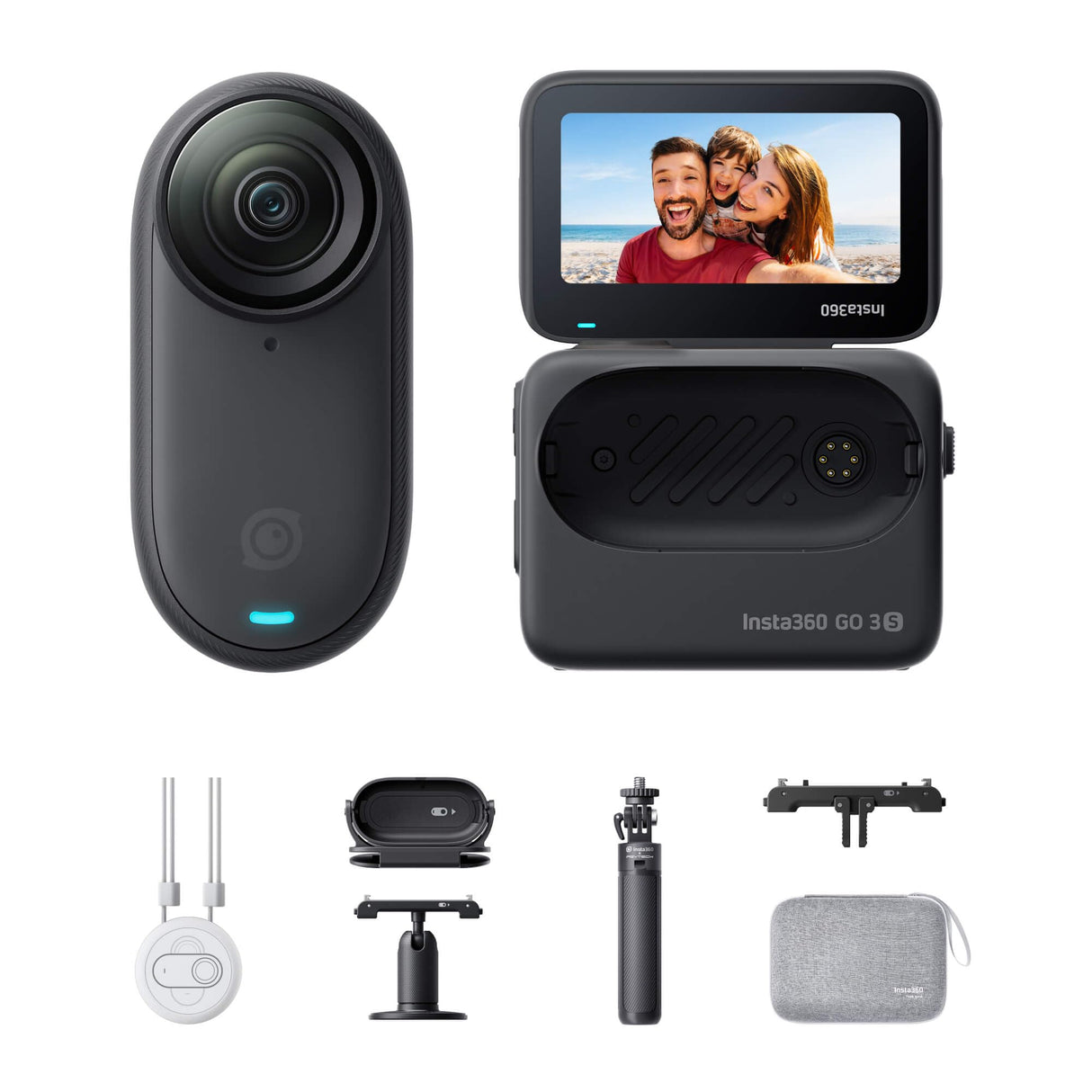 Insta360 GO 3S Kit de Viaje - Cámara Vlogging 4K, POV Manos Libres, Móntala Donde Quieras, Estabilización, 140 Min de batería, Impermeable 10 M, Edición IA, Apple Find My, Vlog, Viajes, Negro