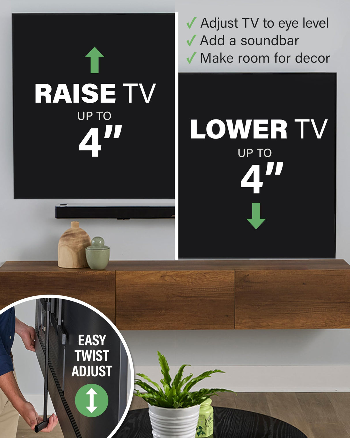 SANUS Soporte de Pared Ajustable de Movimiento Completo para televisores de 42 a 90 Pulgadas - Eleva o Baja el televisor de 4 Pulgadas después de la instalación - Maximiza la compatibilidad con tu