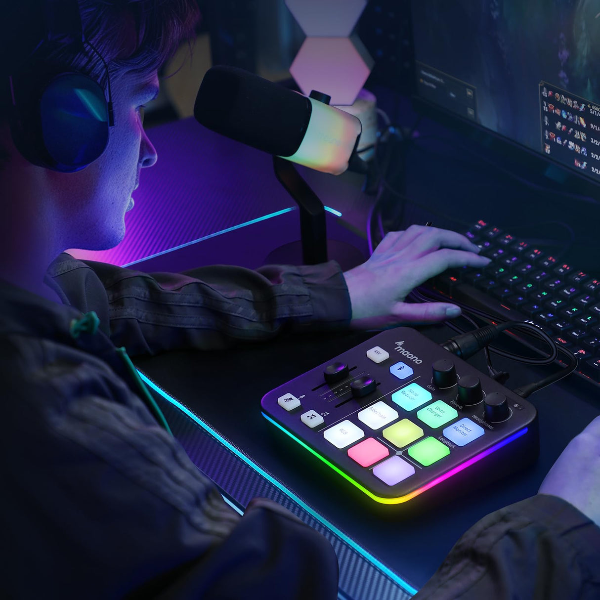 MAONO Mezclador de audio para juegos, interfaz de audio con preamplificador profesional, RGB, Bluetooth, alimentación fantasma de 48 V para transmisión en vivo, podcasting, creación de contenido,